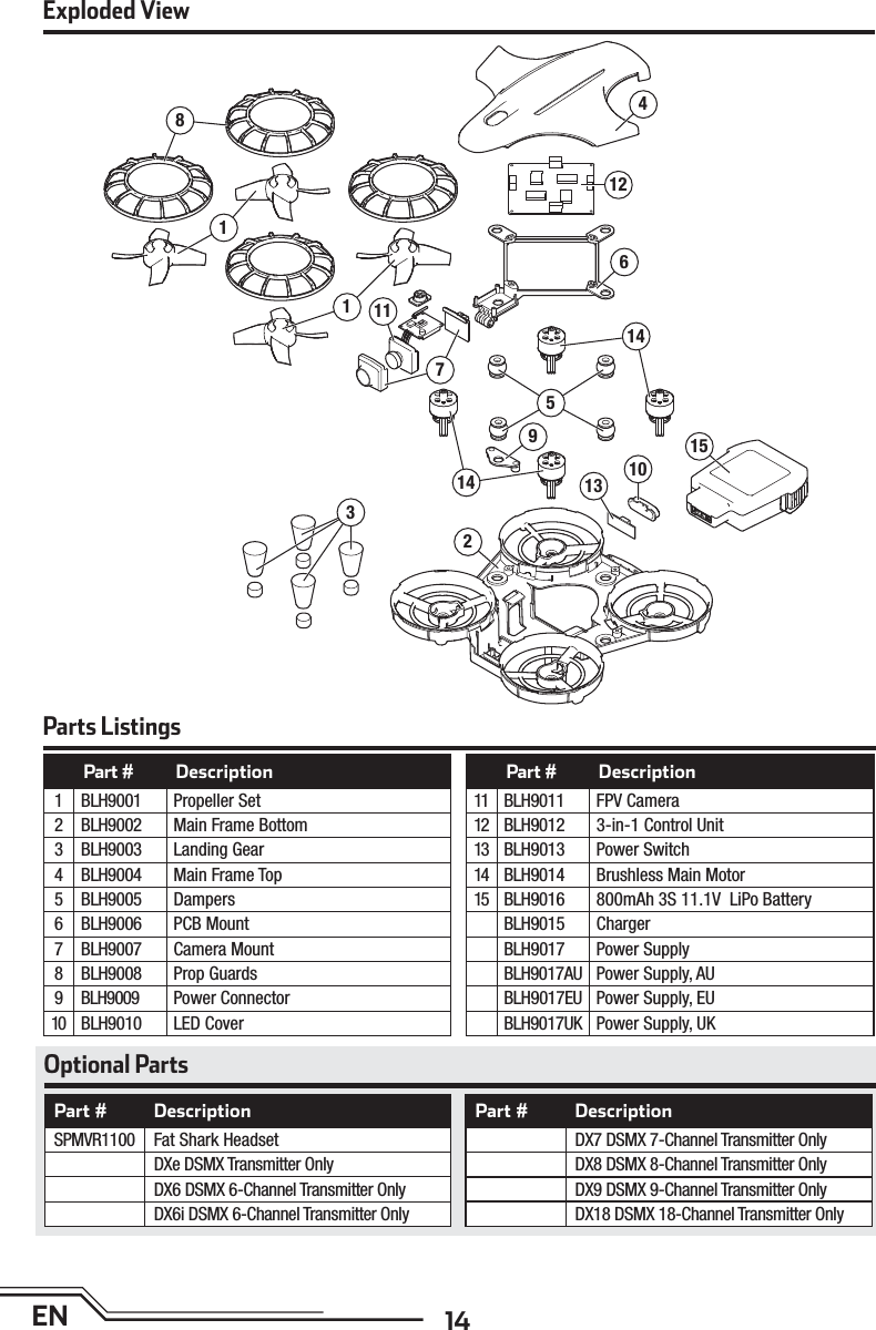 14EN182159536121013141411741Exploded ViewParts ListingsPart # DescriptionSPMVR1100 Fat Shark HeadsetDXe DSMX Transmitter OnlyDX6 DSMX 6-Channel Transmitter OnlyDX6i DSMX 6-Channel Transmitter OnlyPart # DescriptionDX7 DSMX 7-Channel Transmitter OnlyDX8 DSMX 8-Channel Transmitter OnlyDX9 DSMX 9-Channel Transmitter OnlyDX18 DSMX 18-Channel Transmitter OnlyOptional PartsPart # Description1 BLH9001 Propeller Set2 BLH9002 Main Frame Bottom3 BLH9003 Landing Gear4 BLH9004 Main Frame Top5 BLH9005 Dampers6 BLH9006 PCB Mount7 BLH9007 Camera Mount8 BLH9008 Prop Guards9 BLH9009 Power Connector10 BLH9010 LED CoverPart # Description11 BLH9011 FPV Camera12 BLH9012 3-in-1 Control Unit13 BLH9013 Power Switch14 BLH9014 Brushless Main Motor15 BLH9016 800mAh 3S 11.1V LiPo BatteryBLH9015 ChargerBLH9017 Power SupplyBLH9017AU Power Supply, AUBLH9017EU Power Supply, EUBLH9017UK Power Supply, UK