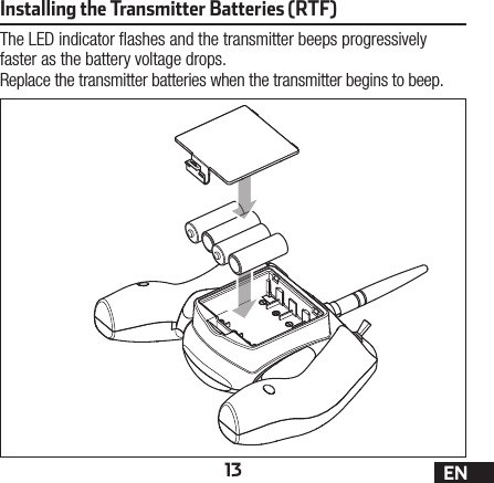 13 ENInstalling the Transmitter Batteries (RTF)The LED indicator  ashes and the transmitter beeps progressively faster as the battery voltage drops.Replace the transmitter batteries when the transmitter begins to beep.