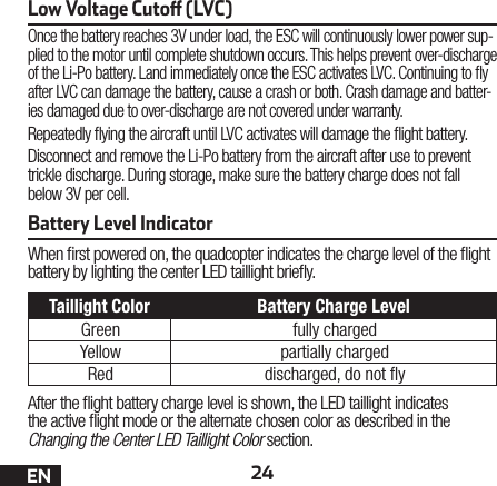 24ENLow Voltage Cuto (LVC)Once the battery reaches 3V under load, the ESC will continuously lower power sup-plied to the motor until complete shutdown occurs. This helps prevent over-discharge of the Li-Po battery. Land immediately once the ESC activates LVC. Continuing to y after LVC can damage the battery, cause a crash or both. Crash damage and batter-ies damaged due to over-discharge are not covered under warranty.Repeatedly ying the aircraft until LVC activates will damage the ight battery. Disconnect and remove the Li-Po battery from the aircraft after use to prevent trickle discharge. During storage, make sure the battery charge does not fall below 3V per cell. Battery Level IndicatorWhen rst powered on, the quadcopter indicates the charge level of the ight battery by lighting the center LED taillight briey.Taillight Color Battery Charge LevelGreen fully chargedYellow partially chargedRed discharged, do not yAfter the ight battery charge level is shown, the LED taillight indicates the active ight mode or the alternate chosen color as described in the Changing the Center LED Taillight Color section.