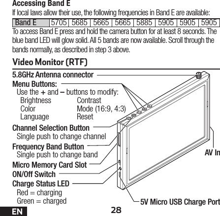 28EN75%Band E 5705 5685 5665 5665 5885 5905 5905 5905Accessing Band EIf local laws allow their use, the following frequencies in Band E are available:To access Band E press and hold the camera button for at least 8 seconds. The blue band LED will glow solid. All 5 bands are now available. Scroll through the bands normally, as described in step 3 above.Video Monitor (RTF)5.8GHz Antenna connectorMenu Buttons: Use the + and – buttons to modify:Brightness ContrastColor  Mode (16:9, 4:3)Language ResetChannel Selection ButtonSingle push to change channelFrequency Band ButtonSingle push to change bandMicro Memory Card SlotON/Off SwitchCharge Status LEDRed = charging Green = chargedAV In5V Micro USB Charge Port