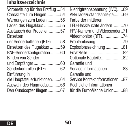 50DEInhaltsverzeichnisVorbereitung für den Erstug ...54Checkliste zum Fliegen ............54Warnungen zum Laden ...........55Laden des Flugakkus ..............55Austausch der Propeller ..........57Einsetzen der Senderbatterien (RTF) ........58Einsetzen des Flugakkus .........59BNF-Senderkonguration.........60Binden von Sender und Empfänger .......................60Senderkontrollen (RTF) ............62Einführung in die Hauptsteuerfunktionen .......64Auswahl des Flugmodus ..........66Den Quadcopter iegen ...........67Niedrigtrennspannung (LVC) .....69Akkuladezustandsanzeige ........69Farbe der mittleren LED-Heckleuchte ändern  ........70FPV-Kamera und Videosender ..71Videomonitor (RTF) ..................74Problemlösung ........................79Explosionszeichnung ...............81Ersatzteile ...............................82Optionale Bauteile ...................82Garantie und Service Informationen ..............83Garantie und Service Kontaktinformationen ....87Rechtliche Informationen für die Europäische Union ........88