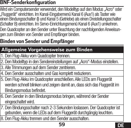 59 DEBinden von Sender und EmpfängerBNF-SenderkonﬁgurationWird ein Computersender verwendet, den Modelltyp auf den Modus „Acro“ oder „Fluggerät“ einrichten. Im Kanal-Eingabemenü Kanal 6 (Aux1) als Taster wie einen Bindungsschalter (I) und Kanal 5 (Getriebe) als einen Dreistellungsschalter (Schalter B) einrichten. Im Servo-Einrichtungsmenü Kanal 6 (Aux1) umkehren.Den Quadcopter an den Sender unter Beachtung der nachfolgenden Anweisun-gen zum Binden von Sender und Empfänger binden.Allgemeine Vorgehensweise zum Binden1. Den Flug-Akku vom Quadcopter trennen.2. Den Modelltyp in den Sendereinstellungen auf „Acro“-Modus einstellen.3. Alle Trimmungen auf dem Sender zentrieren.4. Den Sender ausschalten und Gas komplett reduzieren.5. Den Flug-Akku im Quadcopter anschließen. Alle LEDs am Fluggerät werden schnell blinken und zeigen damit an, dass sich das Fluggerät im Bindungsmodus bendet.6. Den Sender in den Bindungsmodus bringen, während der Sender eingeschaltet wird.7. Den Bindungsschalter nach 2-3 Sekunden loslassen. Der Quadcopter ist gebunden, wenn die LEDs auf dem Fluggerät durchgängig leuchten.8. Den Flug-Akku trennen und den Sender ausschalten.