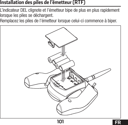 101 FRInstallation des piles de l’émetteur (RTF)L’indicateur DEL clignote et l’émetteur bipe de plus en plus rapidement lorsque les piles se déchargent.Remplacez les piles de l’émetteur lorsque celui-ci commence à biper.