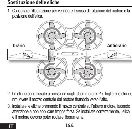 144ITSostituzione delle eliche1.  Consultare l’illustrazione per veri care il senso di rotazione del motore e la posizione dell’elica.2.  Le eliche sono  ssate a pressione sugli alberi motore. Per togliere le eliche, rimuovere il mozzo centrale dal motore tirandolo verso l’alto.3.  Installare le eliche premendo il mozzo centrale sull’albero motore, facendo attenzione a non applicare troppa forza. Se installate correttamente, l’elica e il motore devono poter ruotare liberamente.Orario Antiorario