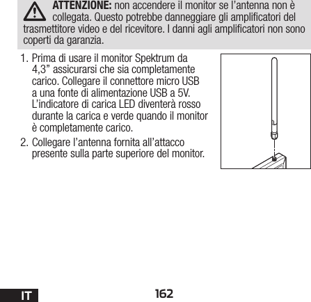 162ITATTENZIONE: non accendere il monitor se l’antenna non è collegata. Questo potrebbe danneggiare gli amplicatori del trasmettitore video e del ricevitore. I danni agli amplicatori non sono coperti da garanzia.1. Prima di usare il monitor Spektrum da 4,3’’ assicurarsi che sia completamente carico. Collegare il connettore micro USB a una fonte di alimentazione USB a 5V. L’indicatore di carica LED diventerà rosso durante la carica e verde quando il monitor è completamente carico.2. Collegare l’antenna fornita all’attacco presente sulla parte superiore del monitor.