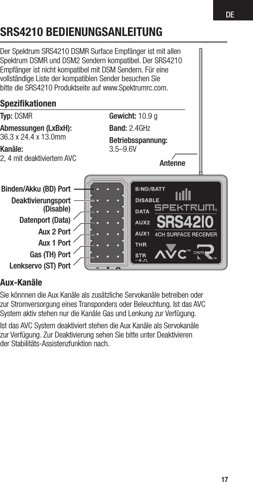 DE17SRS4210 BEDIENUNGSANLEITUNGDer Spektrum SRS4210 DSMR Surface Empfänger ist mit allen  Spektrum DSMR und DSM2 Sendern kompatibel. Der SRS4210  Empfänger ist nicht kompatibel mit DSM Sendern. Für eine  vollständige Liste der kompatiblen Sender besuchen Sie  bitte die SRS4210 Produktseite auf www.Spektrumrc.com.Speziﬁkationen Typ: DSMR Abmessungen (LxBxH):  36.3 x 24.4 x 13.0mmKanäle:  2, 4 mit deaktiviertem AVCGewicht: 10.9 gBand: 2.4GHzBetriebsspannung:  3.5–9.6VAntenneAux-KanäleSie könnnen die Aux Kanäle als zusätzliche Servokanäle betreiben oder  zur Stromversorgung eines Transponders oder Beleuchtung. Ist das AVC System aktiv stehen nur die Kanäle Gas und Lenkung zur Verfügung. Ist das AVC System deaktiviert stehen die Aux Kanäle als Servokanäle  zur Verfügung. Zur Deaktivierung sehen Sie bitte unter Deaktivieren  der Stabilitäts-Assistenzfunktion nach.Binden/Akku (BD) Port Deaktivierungsport (Disable)Datenport (Data)Aux 2 PortAux 1 PortGas (TH) PortLenkservo (ST) Port