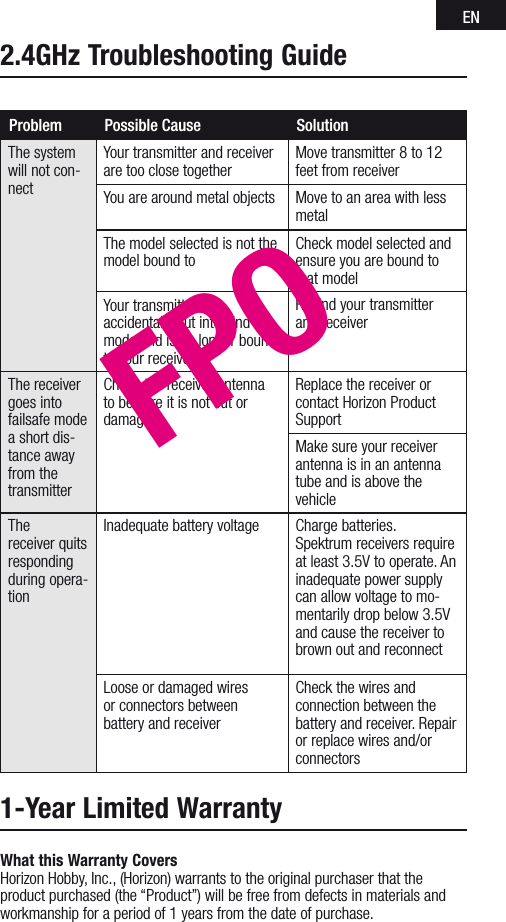 EN2.4GHz Troubleshooting GuideProblem Possible Cause SolutionThe system will not con-nectYour transmitter and receiver are too close togetherMove transmitter 8 to 12 feet from receiverYou are around metal objects Move to an area with less metalThe model selected is not the model bound toCheck model selected and ensure you are bound to that modelYour transmitter was  accidentally put into bind mode and is no longer bound to your receiverRebind your transmitter  and receiverThe receiver goes into failsafe mode a short dis-tance away from the transmitterCheck the receiver antenna to be sure it is not cut or damagedReplace the receiver or contact Horizon Product SupportMake sure your receiver antenna is in an antenna tube and is above the vehicleThe receiver quits responding during opera-tionInadequate battery voltage Charge batteries. Spektrum receivers require at least 3.5V to operate. An inadequate power supply can allow voltage to mo-mentarily drop below 3.5V and cause the receiver to brown out and reconnectLoose or damaged wires  or connectors between  battery and receiverCheck the wires and  connection between the battery and receiver. Repair or replace wires and/or connectors1-Year Limited WarrantyWhat this Warranty CoversHorizon Hobby, Inc., (Horizon) warrants to the original purchaser that the product purchased (the “Product”) will be free from defects in materials and workmanship for a period of 1 years from the date of purchase.  FPO