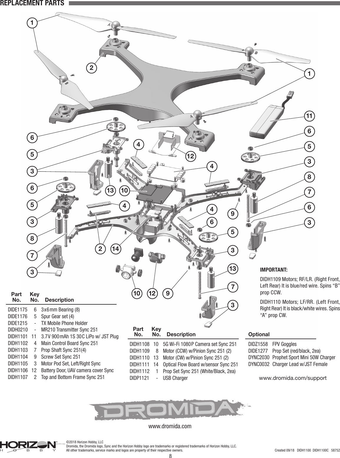 8REPLACEMENT PARTSwww.dromida.com/supportDIDE1175  6 3x6mm Bearing (8)DIDE1176  5 Spur Gear set (4)DIDE1215  - TX Mobile Phone HolderDIDH0210  - MR210 Transmitter Sync 251DIDH1101  11 3.7V 900 mAh 1S 30C LiPo w/ JST PlugDIDH1102  4 Main Control Board Sync 251DIDH1103  7 Prop Shaft Sync 251(4)DIDH1104  9 Screw Set Sync 251DIDH1105  3 Motor Pod Set, Left/Right SyncDIDH1106  12 Battery Door, UAV camera cover SyncDIDH1107  2 Top and Bottom Frame Sync 251PartNo.KeyNo. DescriptionDIDH1108  10 5G Wi-Fi 1080P Camera set Sync 251DIDH1109  8 Motor (CCW) w/Pinion Sync 251 (2)DIDH1110  13 Motor (CW) w/Pinion Sync 251 (2)DIDH1111  14 Optical Flow Board w/sensor Sync 251DIDH1112  1 Prop Set Sync 251 (White/Black, 2ea)DIDP1121  - USB ChargerDIDZ1558 FPV GogglesDIDE1277DYNC2030DYNC0032Prop Set (red/black, 2ea)Prophet Sport Mini 50W ChargerCharger Lead w/JST FemalePartNo.KeyNo. Description Optional111165387639544126313712 91014241041332653653873©2018 Horizon Hobby, LLCDromida, the Dromida logo, Sync and the Horizon Hobby logo are trademarks or registered trademarks of Horizon Hobby, LLC. All other trademarks, service marks and logos are property of their respective owners. Created 09/18   DIDH1100  DIDH1100C   58752www.dromida.comIMPORTANT:DIDH1109 Motors; RF/LR. (Right Front, Left Rear) It is blue/red wire. Spins “B” prop CCW. DIDH1110 Motors; LF/RR. (Left Front, Right Rear) It is black/white wires. Spins “A” prop CW.