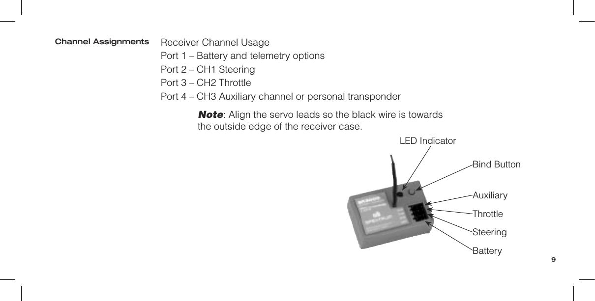 Receiver Channel UsagePort 1 – Battery and telemetry optionsPort 2 – CH1 SteeringPort 3 – CH2 Throttle Port 4 – CH3 Auxiliary channel or personal transponderNote: Align the servo leads so the black wire is towards the outside edge of the receiver case.Channel Assignments9AuxiliaryThrottleSteeringBatteryBind ButtonLED Indicator