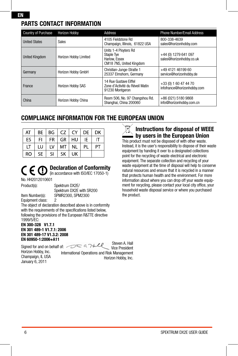 6SPEKTRUM DX2E USER GUIDEENSteven A. Hall Vice President International Operations and Risk Management Horizon Hobby, Inc.COMPLIANCE INFORMATION FOR THE EUROPEAN UNIONDeclaration of Conformity(in accordance with ISO/IEC 17050-1)No. HH2012010601Product(s):   Spektrum  DX2E/ Spektrum DX2E with SR200Item Number(s):  SPMR2300, SPM2300Equipment class:  2The object of declaration described above is in conformity with the requirements of the speciﬁcations listed below, following the provisions of the European R&amp;TTE directive 1999/5/EC:EN 300-328   V1.7.1                         EN 301 489-1 V1.7.1: 2006EN 301 489-17 V1.3.2: 2008    EN 60950-1:2006+A11Signed for and on behalf of: Horizon Hobby, Inc.Champaign, IL USAJanuary 6, 2011Instructions for disposal of WEEE  by users in the European UnionThis product must not be disposed of with other waste. Instead, it is the user’s responsibility to dispose of their waste equipment by handing it over to a designated collections point for the recycling of waste electrical and electronic equipment. The separate collection and recycling of your waste equipment at the time of disposal will help to conserve natural resources and ensure that it is recycled in a manner that protects human health and the environment. For more information about where you can drop off your waste equip-ment for recycling, please contact your local city ofﬁce, your household waste disposal service or where you purchased the product.Country of Purchase Horizon Hobby  Address Phone Number/Email AddressUnited States Sales 4105 Fieldstone RdChampaign, Illinois,  61822 USA 800-338-4639sales@horizonhobby.comUnited Kingdom Horizon Hobby LimitedUnits 1-4 Ployters RdStaple TyeHarlow, EssexCM18 7NS, United Kingdom+44 (0) 1279 641 097sales@horizonhobby.co.ukGermany Horizon Hobby GmbH Christian-Junge-Straße 125337 Elmshorn, Germany +49 4121 46199 60service@horizonhobby.deFrance Horizon Hobby SAS 14 Rue Gustave EiffelZone d’Activité du Réveil Matin91230 Montgeron+33 (0) 1 60 47 44 70infofrance@horizonhobby.comChina Horizon Hobby China Room 506, No. 97 Changshou Rd.Shanghai, China 200060 +86 (021) 5180 9868info@horizonhobby.com.cnPARTS CONTACT INFORMATION