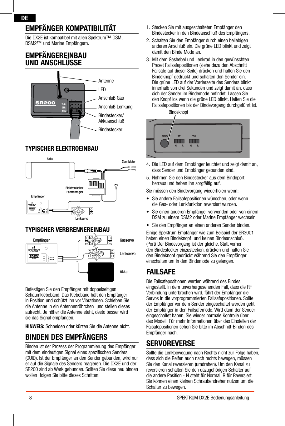 8SPEKTRUM DX2E BedienungsanleitungDEEMPFÄNGER KOMPATIBILITÄTDie DX2E ist kompatibel mit allen Spektrum™ DSM, DSM2™ und Marine Empfängern.EMPFÄNGEREINBAU  UND ANSCHLÜSSEAntenneLEDAnschluß GasAnschluß LenkungBindestecker/AkkuanschlußBindesteckerTYPISCHER ELEKTROEINBAUAkku Zum MotorElektronischer FahrtenreglerEmpfängerLenkservoSR200THRSTRBIND2.4Ghz DSMSPORT SURFACERECEIVERTYPISCHER VERBRENNEREINBAUEmpfängerLenkservoGasservoSR200THRSTRBIND2.4Ghz DSMSPORT SURFACERECEIVERAkkuBefestigen Sie den Empfänger mit doppelseitigen Schaumklebeband. Das Klebeband hält den Empfänger in Position und schützt ihn vor Vibrationen. Schieben Sie die Antenne in ein Antennenröhrchen  und stellen dieses aufrecht. Je höher die Antenne steht, desto besser wird  sie das Signal empfangen.HINWEIS: Schneiden oder kürzen Sie die Antenne nicht. BINDEN DES EMPFÄNGERSBinden ist der Prozess der Programmierung des Empfänger mit dem eindeutigen Signal eines spezifischen Senders (GUID). Ist der Empfänger an den Sender gebunden, wird nur er auf die Signale des Senders reagieren. Die DX2E und der SR200 sind ab Werk gebunden. Sollten Sie diese neu binden wollen  folgen Sie bitte dieses Schritten:1.   Stecken Sie mit ausgeschalteten Empfänger den Bindestecker in den Bindeanschluß des Empfängers.2.  Schalten Sie den Empfänger durch einen beliebigen anderen Anschluß ein. Die grüne LED blinkt und zeigt damit den Binde Mode an.3.  Mit dem Gashebel und Lenkrad in den gewünschten Preset Failsafepositionen (siehe dazu den Abschnitt Failsafe auf dieser Seite) drücken und halten Sie den Bindeknopf gedrückt und schalten den Sender ein. Die grüne LED auf der Vorderseite des Senders blinkt innerhalb von drei Sekunden und zeigt damit an, dass sich der Sender im Bindemode befindet. Lassen Sie den Knopf los wenn die grüne LED blinkt. Halten Sie die Failsafepositionen bis der Bindevorgang durchgeführt ist.BindeknopfBIND THSTN         R N         R4.  Die LED auf dem Empfänger leuchtet und zeigt damit an, dass Sender und Empfänger gebunden sind. 5.  Nehmen Sie den Bindestecker aus dem Bindeport herraus und heben ihn sorgfältig auf.Sie müssen den Bindevorgang wiederholen wenn:• SieandereFailsafepositionenwünschen,oderwenn die Gas- oder Lenkfunktion reversiert wurden. • SieeinenanderenEmpfängerverwendenodervoneinemDSM zu einem DSM2 oder Marine Empfänger wechseln.• SiedenEmpfängeraneinenanderenSenderbinden.Einige Spektrum Empfänger wie zum Beispiel der SR3001 haben einen Bindeknopf  und keinen Bindeanschluß. (Port) Der Bindevorgang ist der gleiche. Statt vorher den Bindestecker einzustecken, drücken und halten Sie den Bindeknopf gedrückt während Sie den Empfänger einschalten um in den Bindemode zu gelangen.FAILSAFEDie Failsafepositionen werden während des Bindes eingestellt. In dem unvorhergesehenden Fall, dass die RF Verbindung unterbrochen wird, fährt der Empfänger die Servos in die vorprogrammierten Failsafepositionen. Sollte der Empfänger vor dem Sender eingeschaltet werden geht der Empfänger in den Failsafemode. Wird dann der Sender eingeschaltet haben, Sie wieder normale Kontrolle über das Modell. Für mehr Informationen über das Einstellen der Faisafepositionen sehen Sie bitte im Abschnitt-Binden des Empfänger nach.SERVOREVERSESollte die Lenkbewegung nach Rechts nicht zur Folge haben, dass sich die Reifen auch nach rechts bewegen, müssen Sie den Kanal reversieren (umdrehen). Um den Kanal zu reversieren schalten Sie den dazugehörigen Schalter auf die andere Position - N steht für Normal, R für Reversiert. Sie können einen kleinen Schraubendreher nutzen um die Schalter zu bewegen.THRSTRBINDSR200