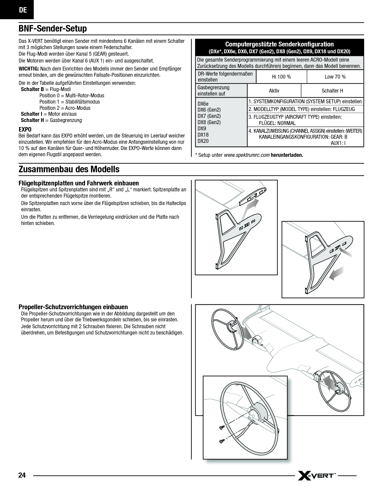 DE24Zusammenbau des ModellsFlügelspitzenplatten und Fahrwerk einbauenFlügelspitzen und Spitzenplatten sind mit „R“ und „L“ markiert. Spitzenplatte an der entsprechenden Flügelspitze montieren.Die Spitzenplatten nach vorne über die Flügelspitzen schieben, bis die Halteclips einrasten.Um die Platten zu entfernen, die Verriegelung eindrücken und die Platte nach hinten schieben.BNF-Sender-Setup Das X-VERT benötigt einen Sender mit mindestens 6 Kanälen mit einem Schalter mit 3 möglichen Stellungen sowie einem Federschalter.Die Flug-Modi werden über Kanal 5 (GEAR) gesteuert.Die Motoren werden über Kanal 6 (AUX 1) ein- und ausgeschaltet.WICHTIG: Nach dem Einrichten des Modells immer den Sender und Empfänger erneut binden, um die gewünschten Failsafe-Positionen einzurichten. Die in der Tabelle aufgeführten Einstellungen verwenden:Schalter   B = Flug-ModiPosition 0 = Multi-Rotor-ModusPosition 1 = StabilitätsmodusPosition 2 = Acro-ModusSchalter I = Motor ein/ausSchalter H = GasbegrenzungEXPOBei Bedarf kann das EXPO erhöht werden, um die Steuerung im Leerlauf weicher einzustellen. Wir empfehlen für den Acro-Modus eine Anfangseinstellung von nur 10% auf den Kanälen für Quer- und Höhenruder. Die EXPO-Werte können dann dem eigenen Flugstil angepasst werden.  * Setup unter www.spektrumrc.com herunterladen.Propeller-Schutzvorrichtungen einbauenDie Propeller-Schutzvorrichtungen wie in der Abbildung dargestellt um den Propeller herum und über die Triebwerksgondeln schieben, bis sie einrasten.Jede Schutzvorrichtung mit 2 Schrauben ﬁ xieren. Die Schrauben nicht überdrehen, um Befestigungen und Schutzvorrichtungen nicht zu beschädigen.Computergestützte Senderkonﬁ guration(DXe*, DX6e, DX6, DX7 (Gen2), DX8 (Gen2), DX9, DX18 und DX20)Die gesamte Senderprogrammierung mit einem leeren ACRO-Modell (eine Zurücksetzung des Modells durchführen) beginnen, dann das Modell benennen. DR-Werte folgendermaßen einstellen Hi 100% Low 70%Gasbegrenzung einstellen auf Aktiv Schalter HDX6eDX6 (Gen2)DX7 (Gen2)DX8 (Gen2)DX9DX18DX201. SYSTEMKONFIGURATION (SYSTEM SETUP) einstellen2. MODELLTYP (MODEL TYPE) einstellen: FLUGZEUG 3. FLUGZEUGTYP (AIRCRAFT TYPE) einstellen:  FLÜGEL: NORMAL4. KANALZUWEISUNG (CHANNEL ASSIGN) einstellen: (WEITER)  KANALEINGANGSKONFIGURATION: GEAR: B   AUX1: I