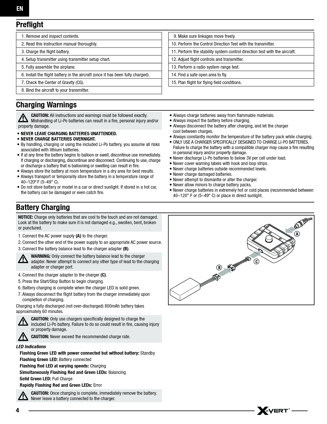 EN4Preﬂ ight1. Remove and inspect contents.2. Read this instruction manual thoroughly.3. Charge the ﬂ ight battery.4. Setup transmitter using transmitter setup chart.5. Fully assemble the airplane. 6. Install the ﬂ ight battery in the aircraft (once it has been fully charged).7. Check the Center of Gravity (CG).8. Bind the aircraft to your transmitter.9. Make sure linkages move freely.10. Perform the Control Direction Test with the transmitter.11. Perform the stability system control direction test with the aircraft.12. Adjust ﬂ ight controls and transmitter.13. Perform a radio system range test.14. Find a safe open area to ﬂ y.15. Plan ﬂ ight for ﬂ ying ﬁ eld conditions.NOTICE: Charge only batteries that are cool to the touch and are not damaged. Look at the battery to make sure it is not damaged e.g., swollen, bent, broken or punctured. 1. Connect the AC power supply (A) to the charger.2. Connect the other end of the power supply to an appropriate AC power source.3. Connect the battery balance lead to the charger adapter (B). WARNING: Only connect the battery balance lead to the charger adapter. Never attempt to connect any other type of lead to the charging adapter or charger port.4. Connect the charger adapter to the charger (C).5. Press the Start/Stop Button to begin charging.6. Battery charging is complete when the charger LED is solid green.7. Always disconnect the ﬂ ight battery from the charger immediately upon completion of charging.Charging a fully discharged (not over-discharged) 800mAh battery takesapproximately 60 minutes. CAUTION: Only use chargers speciﬁ cally designed to charge the included Li-Po battery. Failure to do so could result in ﬁ re, causing injury or property damage.CAUTION: Never exceed the recommended charge rate.LED IndicationsFlashing Green LED with power connected but without battery: StandbyFlashing Green LED: Battery connectedFlashing Red LED at varying speeds: ChargingSimultaneously Flashing Red and Green LEDs: BalancingSolid Green LED: Full ChargeRapidly Flashing Red and Green LEDs: ErrorCAUTION: Once charging is complete, immediately remove the battery.Never leave a battery connected to the charger.CAUTION: All instructions and warnings must be followed exactly. Mishandling of Li-Po batteries can result in a ﬁ re, personal injury and/or property damage.• NEVER LEAVE CHARGING BATTERIES UNATTENDED.• NEVER CHARGE BATTERIES OVERNIGHT.• By handling, charging or using the included Li-Po battery, you assume all risks associated with lithium batteries.• If at any time the battery begins to balloon or swell, discontinue use immediately. If charging or discharging, discontinue and disconnect. Continuing to use, charge or discharge a battery that is ballooning or swelling can result in ﬁ re.• Always store the battery at room temperature in a dry area for best results.• Always transport or temporarily store the battery in a temperature range of 40–120º F (5–49° C).• Do not store battery or model in a car or direct sunlight. If stored in a hot car, the battery can be damaged or even catch ﬁ re.• Always charge batteries away from ﬂ ammable materials.• Always inspect the battery before charging.• Always disconnect the battery after charging, and let the chargercool between charges.• Always constantly monitor the temperature of the battery pack while charging.• ONLY USE A CHARGER SPECIFICALLY DESIGNED TO CHARGE LI-PO BATTERIES. Failure to charge the battery with a compatible charger may cause a ﬁ re resulting in personal injury and/or property damage.• Never discharge Li-Po batteries to below 3V per cell under load.• Never cover warning labels with hook and loop strips.• Never charge batteries outside recommended levels.• Never charge damaged batteries.• Never attempt to dismantle or alter the charger.• Never allow minors to charge battery packs.• Never charge batteries in extremely hot or cold places (recommended between 40–120° F or (5–49° C) or place in direct sunlight.Charging WarningsBattery ChargingCAB