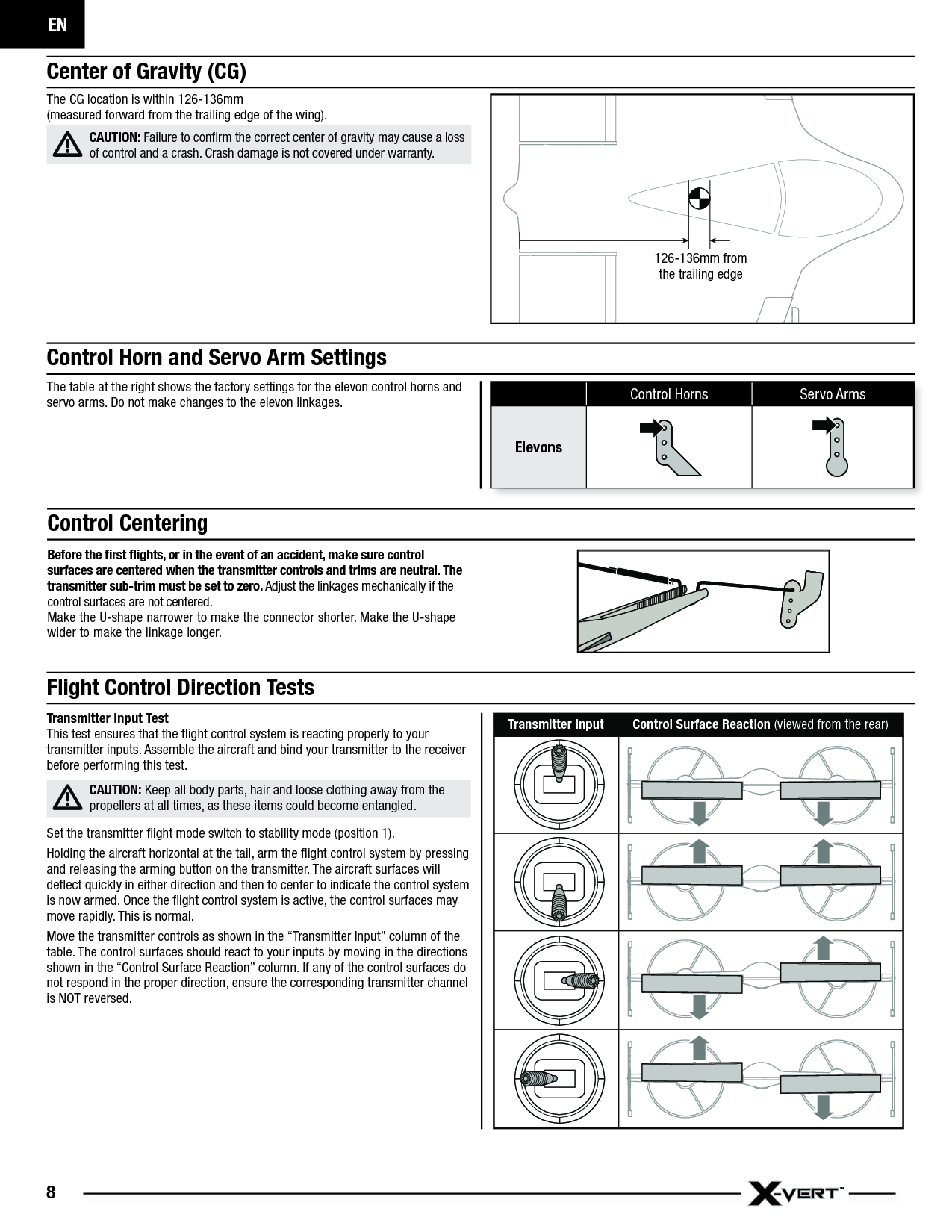 EN8Flight Control Direction TestsTransmitter Input TestThis test ensures that the ﬂ ight control system is reacting properly to your transmitter inputs. Assemble the aircraft and bind your transmitter to the receiver before performing this test.CAUTION: Keep all body parts, hair and loose clothing away from the propellers at all times, as these items could become entangled.Set the transmitter ﬂ ight mode switch to stability mode (position 1).Holding the aircraft horizontal at the tail, arm the ﬂ ight control system by pressing and releasing the arming button on the transmitter. The aircraft surfaces will deﬂ ect quickly in either direction and then to center to indicate the control system is now armed. Once the ﬂ ight control system is active, the control surfaces may move rapidly. This is normal.Move the transmitter controls as shown in the “Transmitter Input” column of the table. The control surfaces should react to your inputs by moving in the directions shown in the “Control Surface Reaction” column. If any of the control surfaces do not respond in the proper direction, ensure the corresponding transmitter channel is NOT reversed.Transmitter Input Control Surface Reaction (viewed from the rear)Before the ﬁ rst ﬂ ights, or in the event of an accident, make sure control surfaces are centered when the transmitter controls and trims are neutral. The transmitter sub-trim must be set to zero. Adjust the linkages mechanically if the control surfaces are not centered.Make the U-shape narrower to make the connector shorter. Make the U-shape wider to make the linkage longer.Control Centering Center of Gravity (CG) The CG location is within 126-136mm(measured forward from the trailing edge of the wing).CAUTION: Failure to conﬁ rm the correct center of gravity may cause a loss of control and a crash. Crash damage is not covered under warranty.126-136mm fromthe trailing edgeControl Horn and Servo Arm SettingsThe table at the right shows the factory settings for the elevon control horns andservo arms. Do not make changes to the elevon linkages. Control Horns Servo ArmsElevons