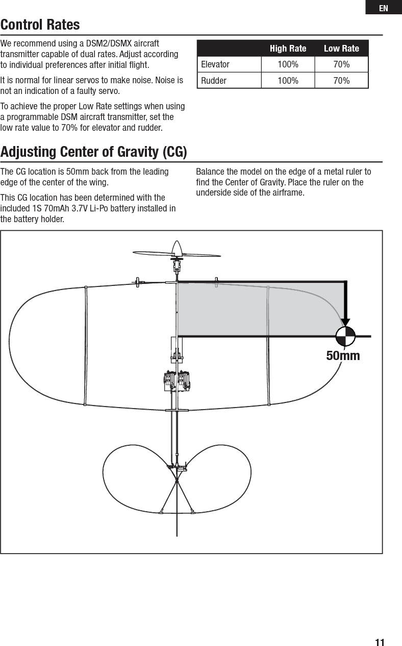 The CG location is 50mm back from the leading edge of the center of the wing.This CG location has been determined with the included 1S 70mAh 3.7V Li-Po battery installed in the battery holder.Balance the model on the edge of a metal ruler to ﬁ nd the Center of Gravity. Place the ruler on the underside side of the airframe.Adjusting Center of Gravity (CG)Control RatesWe recommend using a DSM2/DSMX aircraft transmitter capable of dual rates. Adjust according to individual preferences after initial ﬂ ight.It is normal for linear servos to make noise. Noise is not an indication of a faulty servo.To achieve the proper Low Rate settings when using a programmable DSM aircraft transmitter, set the low rate value to 70% for elevator and rudder.High Rate Low RateElevator 100% 70%Rudder 100% 70%50mm11EN