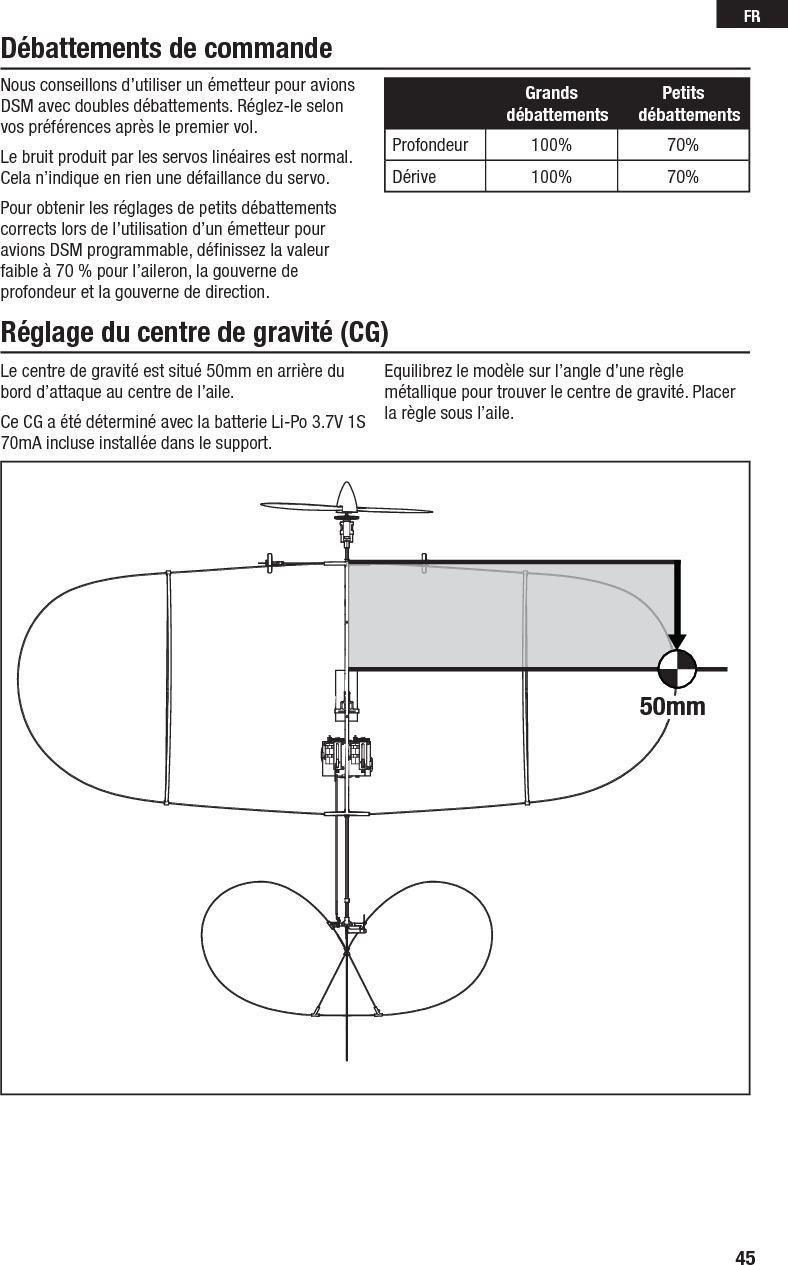 45FRLe centre de gravité est situé 50mm en arrière du bord d’attaque au centre de l’aile.Ce CG a été déterminé avec la batterie Li-Po 3.7V 1S 70mA incluse installée dans le support.Equilibrez le modèle sur l’angle d’une règle métallique pour trouver le centre de gravité. Placer la règle sous l’aile.Réglage du centre de gravité (CG)Débattements de commandeNous conseillons d’utiliser un émetteur pour avions DSM avec doubles débattements. Réglez-le selon vos préférences après le premier vol.Le bruit produit par les servos linéaires est normal. Cela n’indique en rien une défaillance du servo.Pour obtenir les réglages de petits débattements corrects lors de l’utilisation d’un émetteur pour avions DSM programmable, déﬁ nissez la valeur faible à 70 % pour l’aileron, la gouverne de profondeur et la gouverne de direction.GrandsdébattementsPetitsdébattementsProfondeur 100% 70%Dérive 100% 70%50mm