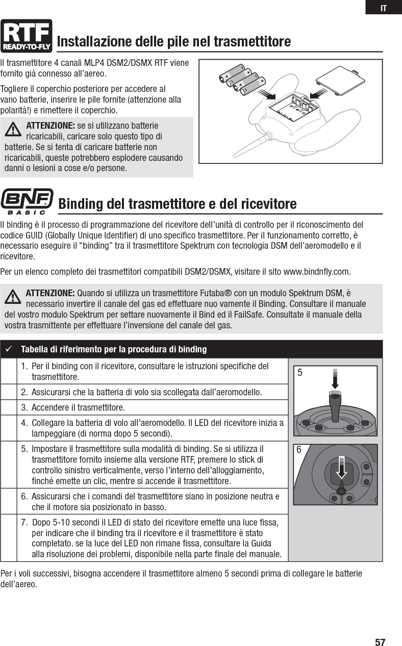 Tabella di riferimento per la procedura di binding1.   Per il binding con il ricevitore, consultare le istruzioni speciﬁ che del trasmettitore.2.   Assicurarsi che la batteria di volo sia scollegata dall’aeromodello.3.  Accendere il trasmettitore.4.   Collegare la batteria di volo all’aeromodello. Il LED del ricevitore inizia a lampeggiare (di norma dopo 5 secondi).5.   Impostare il trasmettitore sulla modalità di binding. Se si utilizza il trasmettitore fornito insieme alla versione RTF, premere lo stick di controllo sinistro verticalmente, verso l’interno dell’alloggiamento, ﬁ nché emette un clic, mentre si accende il trasmettitore.6.  Assicurarsi che i comandi del trasmettitore siano in posizione neutra e che il motore sia posizionato in basso.7.   Dopo 5-10 secondi il LED di stato del ricevitore emette una luce ﬁ ssa, per indicare che il binding tra il ricevitore e il trasmettitore è stato completato. se la luce del LED non rimane ﬁ ssa, consultare la Guida alla risoluzione dei problemi, disponibile nella parte ﬁ nale del manuale.Il binding è il processo di programmazione del ricevitore dell’unità di controllo per il riconoscimento del codice GUID (Globally Unique Identiﬁ er) di uno speciﬁ co trasmettitore. Per il funzionamento corretto, è necessario eseguire il “binding” tra il trasmettitore Spektrum con tecnologia DSM dell’aeromodello e il ricevitore. Per un elenco completo dei trasmettitori compatibili DSM2/DSMX, visitare il sito www.bindnﬂ y.com.ATTENZIONE: Quando si utilizza un trasmettitore Futaba® con un modulo Spektrum DSM, è necessario invertire il canale del gas ed effettuare nuo vamente il Binding. Consultare il manuale del vostro modulo Spektrum per settare nuovamente il Bind ed il FailSafe. Consultate il manuale della vostra trasmittente per effettuare l’inversione del canale del gas.Installazione delle pile nel trasmettitoreBinding del trasmettitore e del ricevitore56Per i voli successivi, bisogna accendere il trasmettitore almeno 5 secondi prima di collegare le batterie dell’aereo.Il trasmettitore 4 canali MLP4 DSM2/DSMX RTF viene fornito già connesso all’aereo.Togliere il coperchio posteriore per accedere al vano batterie, inserire le pile fornite (attenzione alla polarità!) e rimettere il coperchio.ATTENZIONE: se si utilizzano batterie ricaricabili, caricare solo questo tipo di batterie. Se si tenta di caricare batterie non ricaricabili, queste potrebbero esplodere causando danni o lesioni a cose e/o persone.57IT