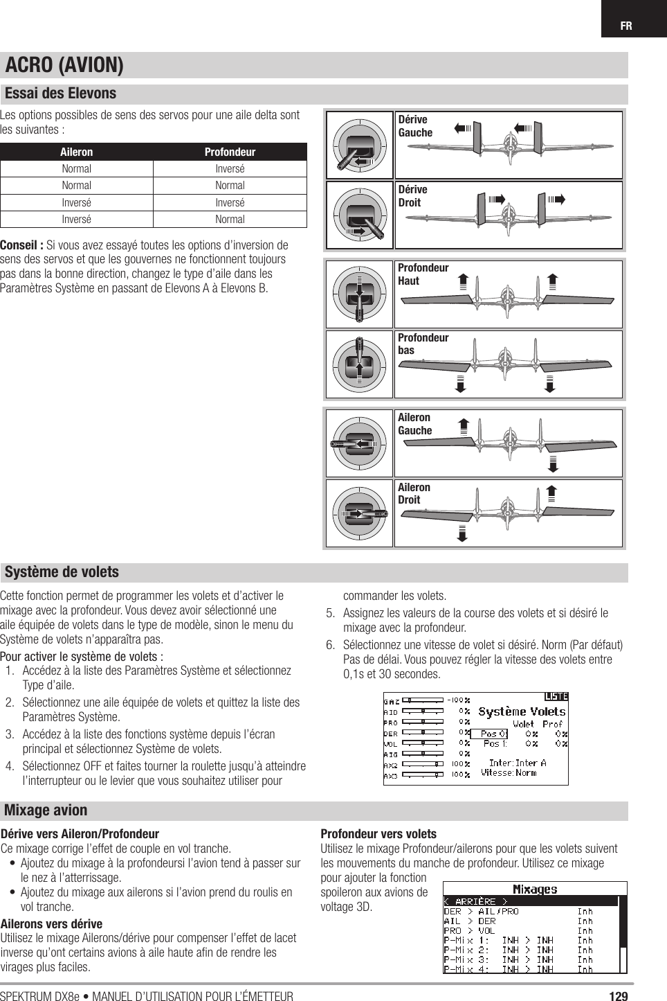 129SPEKTRUM DX8e • MANUEL D’UTILISATION POUR L’ÉMETTEURFRACRO (AVION)Les options possibles de sens des servos pour une aile delta sont les suivantes :Conseil : Si vous avez essayé toutes les options d’inversion de sens des servos et que les gouvernes ne fonctionnent toujours pas dans la bonne direction, changez le type d’aile dans les Paramètres Système en passant de Elevons A à Elevons B.Cette fonction permet de programmer les volets et d’activer le mixage avec la profondeur. Vous devez avoir sélectionné une aile équipée de volets dans le type de modèle, sinon le menu du Système de volets n’apparaîtra pas.Pour activer le système de volets :1.  Accédez à la liste des Paramètres Système et sélectionnez Type d’aile.2.  Sélectionnez une aile équipée de volets et quittez la liste des Paramètres Système.3.  Accédez à la liste des fonctions système depuis l’écran principal et sélectionnez Système de volets.4.  Sélectionnez OFF et faites tourner la roulette jusqu’à atteindre l’interrupteur ou le levier que vous souhaitez utiliser pour commander les volets.5.  Assignez les valeurs de la course des volets et si désiré le mixage avec la profondeur.6.  Sélectionnez une vitesse de volet si désiré. Norm (Par défaut) Pas de délai. Vous pouvez régler la vitesse des volets entre 0,1s et 30 secondes.Dérive vers Aileron/ProfondeurCe mixage corrige l’effet de couple en vol tranche.•  Ajoutez du mixage à la profondeursi l’avion tend à passer sur le nez à l’atterrissage.•  Ajoutez du mixage aux ailerons si l’avion prend du roulis en vol tranche.Ailerons vers dériveUtilisez le mixage Ailerons/dérive pour compenser l’effet de lacet inverse qu’ont certains avions à aile haute aﬁ n de rendre les virages plus faciles.Profondeur vers voletsUtilisez le mixage Profondeur/ailerons pour que les volets suivent les mouvements du manche de profondeur. Utilisez ce mixage pour ajouter la fonction spoileron aux avions de voltage 3D.Essai des ElevonsSystème de voletsMixage avionAileron ProfondeurNormal InverséNormal NormalInversé InverséInversé NormalDériveDroitDériveGaucheProfondeurHautProfondeurbasAileronGaucheAileronDroit