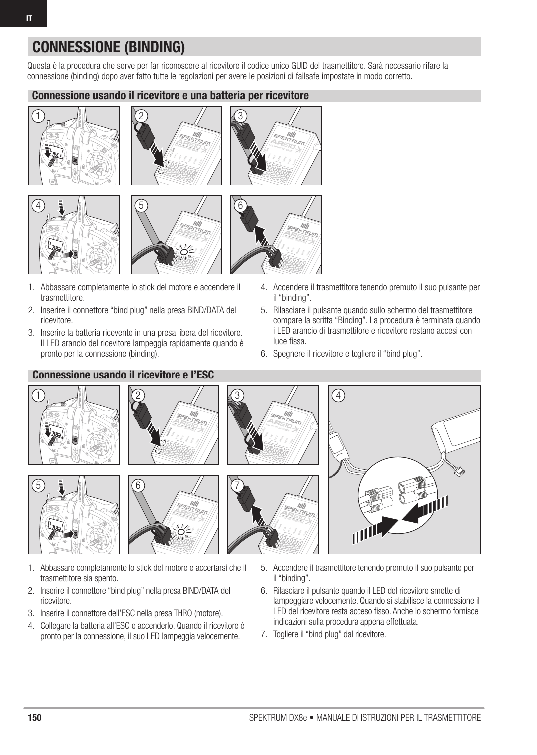 150 SPEKTRUM DX8e • MANUALE DI ISTRUZIONI PER IL TRASMETTITOREITCONNESSIONE (BINDING)Questa è la procedura che serve per far riconoscere al ricevitore il codice unico GUID del trasmettitore. Sarà necessario rifare la connessione (binding) dopo aver fatto tutte le regolazioni per avere le posizioni di failsafe impostate in modo corretto. Connessione usando il ricevitore e una batteria per ricevitoreConnessione usando il ricevitore e l’ESC1.  Abbassare completamente lo stick del motore e accendere il trasmettitore.2.  Inserire il connettore “bind plug” nella presa BIND/DATA del ricevitore.3.  Inserire la batteria ricevente in una presa libera del ricevitore. Il LED arancio del ricevitore lampeggia rapidamente quando è pronto per la connessione (binding).4.  Accendere il trasmettitore tenendo premuto il suo pulsante per il “binding”.5.  Rilasciare il pulsante quando sullo schermo del trasmettitore compare la scritta “Binding”. La procedura è terminata quando i LED arancio di trasmettitore e ricevitore restano accesi con luce ﬁ ssa.6.  Spegnere il ricevitore e togliere il “bind plug”.1.  Abbassare completamente lo stick del motore e accertarsi che il trasmettitore sia spento.2.  Inserire il connettore “bind plug” nella presa BIND/DATA del ricevitore.3.  Inserire il connettore dell’ESC nella presa THRO (motore).4.  Collegare la batteria all’ESC e accenderlo. Quando il ricevitore è pronto per la connessione, il suo LED lampeggia velocemente.5.  Accendere il trasmettitore tenendo premuto il suo pulsante per il “binding”.6.  Rilasciare il pulsante quando il LED del ricevitore smette di lampeggiare velocemente. Quando si stabilisce la connessione il LED del ricevitore resta acceso ﬁ sso. Anche lo schermo fornisce indicazioni sulla procedura appena effettuata.7.  Togliere il “bind plug” dal ricevitore.253615263 4714