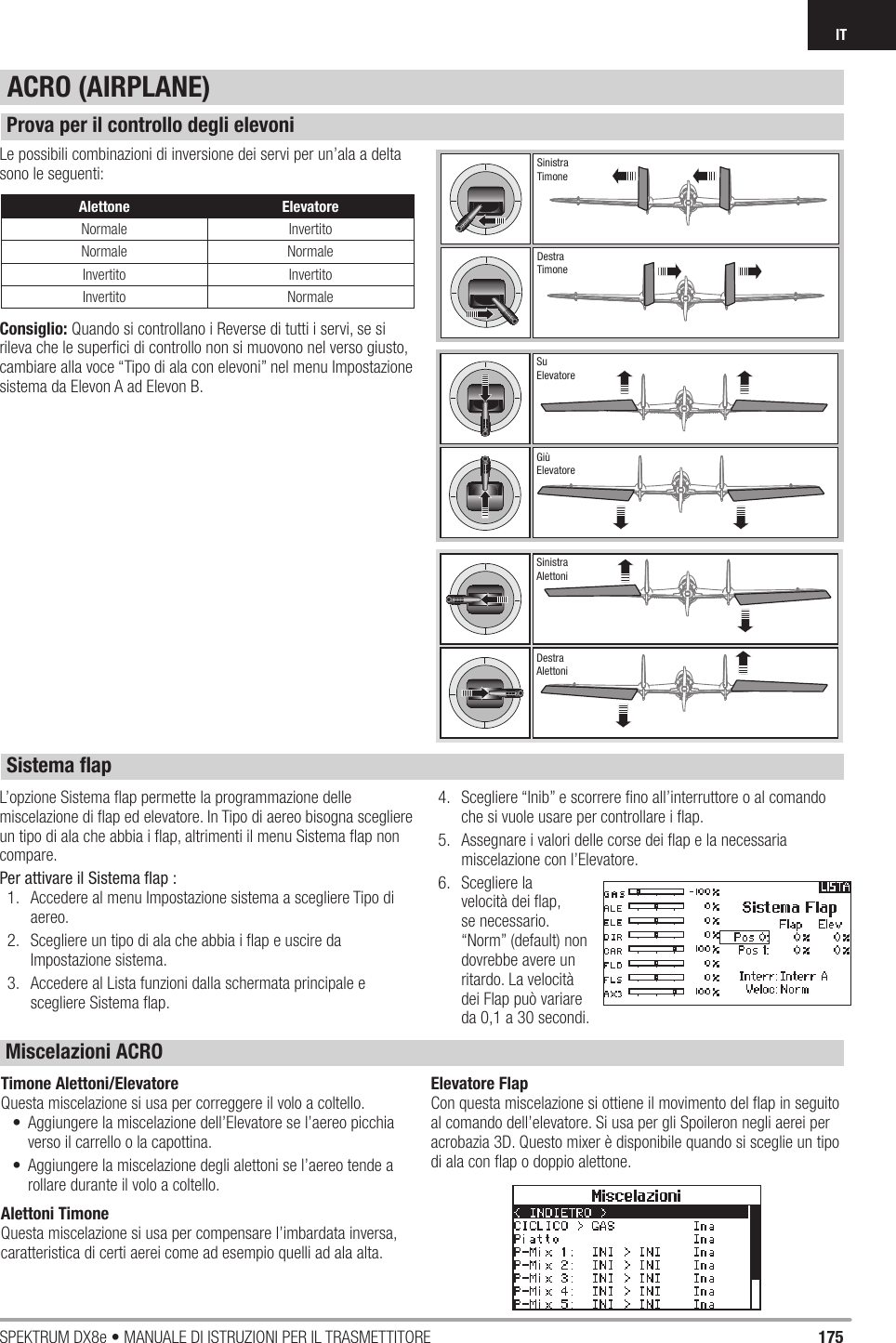 175SPEKTRUM DX8e • MANUALE DI ISTRUZIONI PER IL TRASMETTITOREITACRO (AIRPLANE)Le possibili combinazioni di inversione dei servi per un’ala a delta sono le seguenti:Consiglio: Quando si controllano i Reverse di tutti i servi, se si rileva che le superﬁ ci di controllo non si muovono nel verso giusto, cambiare alla voce “Tipo di ala con elevoni” nel menu Impostazione sistema da Elevon A ad Elevon B.L’opzione Sistema ﬂ ap permette la programmazione delle miscelazione di ﬂ ap ed elevatore. In Tipo di aereo bisogna scegliere un tipo di ala che abbia i ﬂ ap, altrimenti il menu Sistema ﬂ ap non compare.Per attivare il Sistema ﬂ ap : 1.  Accedere al menu Impostazione sistema a scegliere Tipo di aereo.2.  Scegliere un tipo di ala che abbia i ﬂ ap e uscire da Impostazione sistema.3.  Accedere al Lista funzioni dalla schermata principale e scegliere Sistema ﬂ ap.4.  Scegliere “Inib” e scorrere ﬁ no all’interruttore o al comando che si vuole usare per controllare i ﬂ ap.5.  Assegnare i valori delle corse dei ﬂ ap e la necessaria miscelazione con l’Elevatore.6. Scegliere la velocità dei ﬂ ap, se necessario. “Norm” (default) non dovrebbe avere un ritardo. La velocità dei Flap può variare da 0,1 a 30 secondi.Timone Alettoni/ElevatoreQuesta miscelazione si usa per correggere il volo a coltello.•  Aggiungere la miscelazione dell’Elevatore se l’aereo picchia verso il carrello o la capottina.•  Aggiungere la miscelazione degli alettoni se l’aereo tende a rollare durante il volo a coltello.Alettoni TimoneQuesta miscelazione si usa per compensare l’imbardata inversa, caratteristica di certi aerei come ad esempio quelli ad ala alta.Elevatore FlapCon questa miscelazione si ottiene il movimento del ﬂ ap in seguito al comando dell’elevatore. Si usa per gli Spoileron negli aerei per acrobazia 3D. Questo mixer è disponibile quando si sceglie un tipo di ala con ﬂ ap o doppio alettone.Prova per il controllo degli elevoniSistema ﬂ apMiscelazioni ACROAlettone ElevatoreNormale InvertitoNormale NormaleInvertito InvertitoInvertito NormaleDestraTimoneSinistraTimoneSuElevatoreGiùElevatoreSinistraAlettoniDestraAlettoni