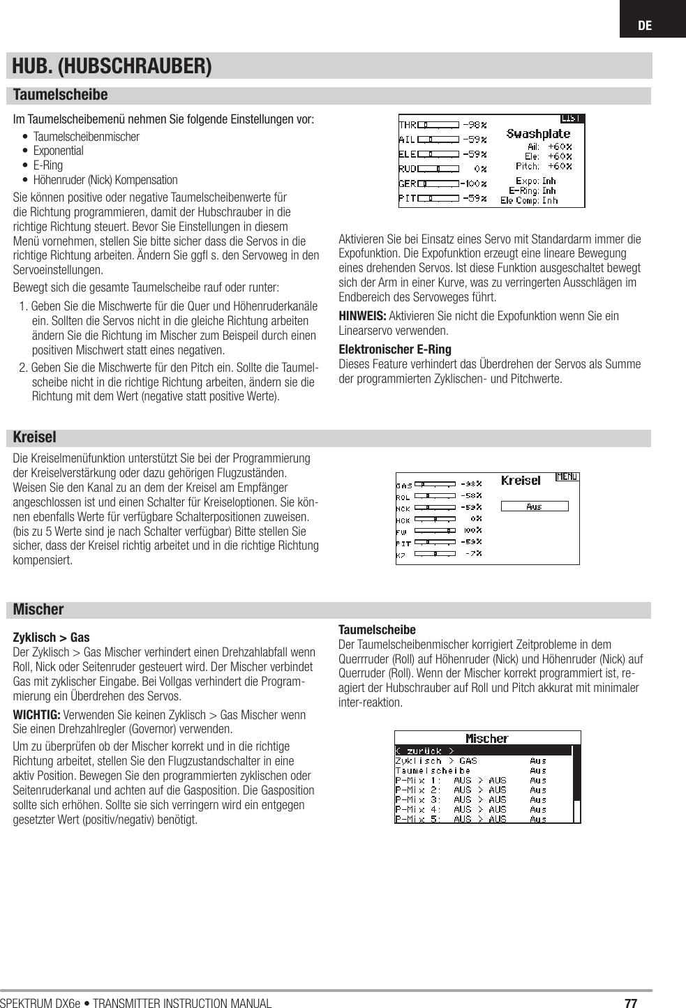 77SPEKTRUM DX6e • TRANSMITTER INSTRUCTION MANUALDETaumelscheibeIm Taumelscheibemenü nehmen Sie folgende Einstellungen vor:• Taumelscheibenmischer• Exponential• E-Ring•  Höhenruder (Nick) KompensationSie können positive oder negative Taumelscheibenwerte für die Richtung programmieren, damit der Hubschrauber in die richtige Richtung steuert. Bevor Sie Einstellungen in diesem Menü vornehmen, stellen Sie bitte sicher dass die Servos in die richtige Richtung arbeiten. Ändern Sie ggﬂ  s. den Servoweg in den Servoeinstellungen.Bewegt sich die gesamte Taumelscheibe rauf oder runter:1. Geben Sie die Mischwerte für die Quer und Höhenruderkanäle ein. Sollten die Servos nicht in die gleiche Richtung arbeiten ändern Sie die Richtung im Mischer zum Beispeil durch einen positiven Mischwert statt eines negativen. 2. Geben Sie die Mischwerte für den Pitch ein. Sollte die Taumel-scheibe nicht in die richtige Richtung arbeiten, ändern sie die Richtung mit dem Wert (negative statt positive Werte). Aktivieren Sie bei Einsatz eines Servo mit Standardarm immer die Expofunktion. Die Expofunktion erzeugt eine lineare Bewegung eines drehenden Servos. Ist diese Funktion ausgeschaltet bewegt sich der Arm in einer Kurve, was zu verringerten Ausschlägen im Endbereich des Servoweges führt.HINWEIS: Aktivieren Sie nicht die Expofunktion wenn Sie ein Linearservo verwenden.Elektronischer E-RingDieses Feature verhindert das Überdrehen der Servos als Summe der programmierten Zyklischen- und Pitchwerte.KreiselDie Kreiselmenüfunktion unterstützt Sie bei der Programmierung der Kreiselverstärkung oder dazu gehörigen Flugzuständen. Weisen Sie den Kanal zu an dem der Kreisel am Empfänger angeschlossen ist und einen Schalter für Kreiseloptionen. Sie kön-nen ebenfalls Werte für verfügbare Schalterpositionen zuweisen. (bis zu 5 Werte sind je nach Schalter verfügbar) Bitte stellen Sie sicher, dass der Kreisel richtig arbeitet und in die richtige Richtung kompensiert.Mischer  Zyklisch &gt; GasDer Zyklisch &gt; Gas Mischer verhindert einen Drehzahlabfall wenn Roll, Nick oder Seitenruder gesteuert wird. Der Mischer verbindet Gas mit zyklischer Eingabe. Bei Vollgas verhindert die Program-mierung ein Überdrehen des Servos.WICHTIG: Verwenden Sie keinen Zyklisch &gt; Gas Mischer wenn Sie einen Drehzahlregler (Governor) verwenden.Um zu überprüfen ob der Mischer korrekt und in die richtige Richtung arbeitet, stellen Sie den Flugzustandschalter in eine aktiv Position. Bewegen Sie den programmierten zyklischen oder Seitenruderkanal und achten auf die Gasposition. Die Gasposition sollte sich erhöhen. Sollte sie sich verringern wird ein entgegen gesetzter Wert (positiv/negativ) benötigt.TaumelscheibeDer Taumelscheibenmischer korrigiert Zeitprobleme in dem Querrruder (Roll) auf Höhenruder (Nick) und Höhenruder (Nick) auf Querruder (Roll). Wenn der Mischer korrekt programmiert ist, re-agiert der Hubschrauber auf Roll und Pitch akkurat mit minimaler inter-reaktion.HUB. (HUBSCHRAUBER)