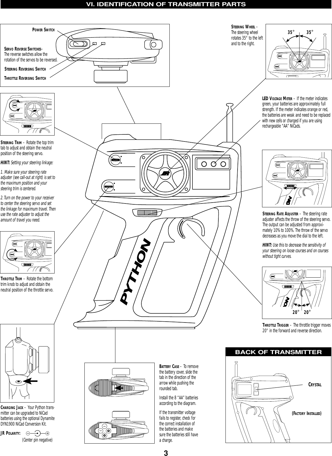 VI. IDENTIFICATION OF TRANSMITTER PARTSPYTHONLED VOLTAGE METER – If the meter indicatesgreen, your batteries are approximately fullstrength. If the meter indicates orange or red,the batteries are weak and need to be replacedwith new cells or charged if you are usingrechargeable “AA” NiCads.STEERING REVERSING SWITCHTHROTTLE REVERSING SWITCHPOWER SWITCHCRYSTALSTEERING WHEEL –The steering wheelrotates 35° to the leftand to the right.STEERING TRIM – Rotate the top trimtab to adjust and obtain the neutralposition of the steering servo.HINT: Setting your steering linkage:1. Make sure your steering rateadjuster (see call-out at right) is set tothe maximum position and your steering trim is centered.2.Turn on the power to your receiverto center the steering servo and setthe linkage for maximum travel. Thenuse the rate adjuster to adjust theamount of travel you need.THROTTLE TRIM – Rotate the bottomtrim knob to adjust and obtain theneutral position of the throttle servo.CHARGING JACK – Your Python trans-mitter can be upgraded to NiCad batteries using the optional DynamiteDYN1900 NiCad Conversion Kit.JR POLARITY:(Center pin negative)STEERING RATE ADJUSTER – The steering rateadjuster affects the throw of the steering servo.The output can be adjusted from approxi-mately 10% to 100%. The throw of the servodecreases as you move the dial to the left.HINT: Use this to decrease the sensitivity ofyour steering on loose courses and on courseswithout tight curves.SERVO REVERSE SWITCHES– The reverse switches allow the rotation of the servos to be reversed.35°35°20°20°THROTTLE TRIGGER – The throttle trigger moves20° in the forward and reverse direction.BACK OF TRANSMITTER(FACTORY INSTALLED)BATTERY CASE – To removethe battery cover, slide thetab in the direction of thearrow while pushing therounded tab. Install the 8 “AA” batteriesaccording to the diagram.If the transmitter voltagefails to register, check forthe correct installation ofthe batteries and makesure the batteries still havea charge.3