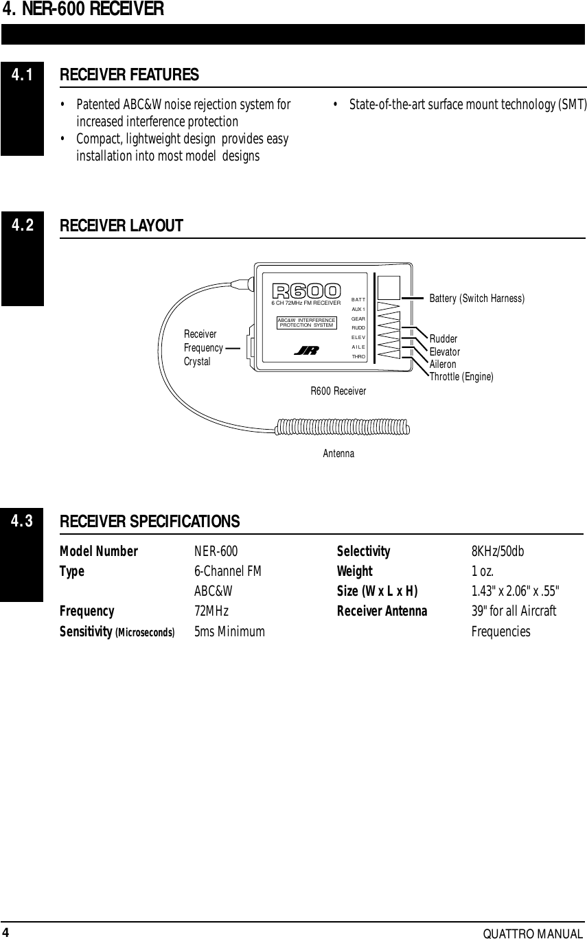 4QUATTRO MANUALRECEIVER SPECIFICATIONSModel Number NER-600Type 6-Channel FM ABC&amp;W Frequency 72MHzSensitivity(Microseconds)5ms MinimumSelectivity 8KHz/50dbWeight 1 oz.Size (W x L x H) 1.43&quot; x 2.06&quot; x .55&quot;Receiver Antenna 39&quot; for all Aircraft FrequenciesRECEIVER FEATURES• Patented ABC&amp;W noise rejection system for increased interference protection • Compact, lightweight design  provides easyinstallation into most model  designs• State-of-the-art surface mount technology (SMT) RECEIVER LAYOUT4. NER-600 RECEIVERBATTAUX 1GEARRUDDELEVAILETHRO6 CH 72MHz FM RECEIVERABC&amp;W INTERFERENCEPROTECTION SYSTEM4.14.24.3AntennaR600 ReceiverBattery (Switch Harness)RudderReceiverFrequencyCrystal ElevatorAileronThrottle (Engine)