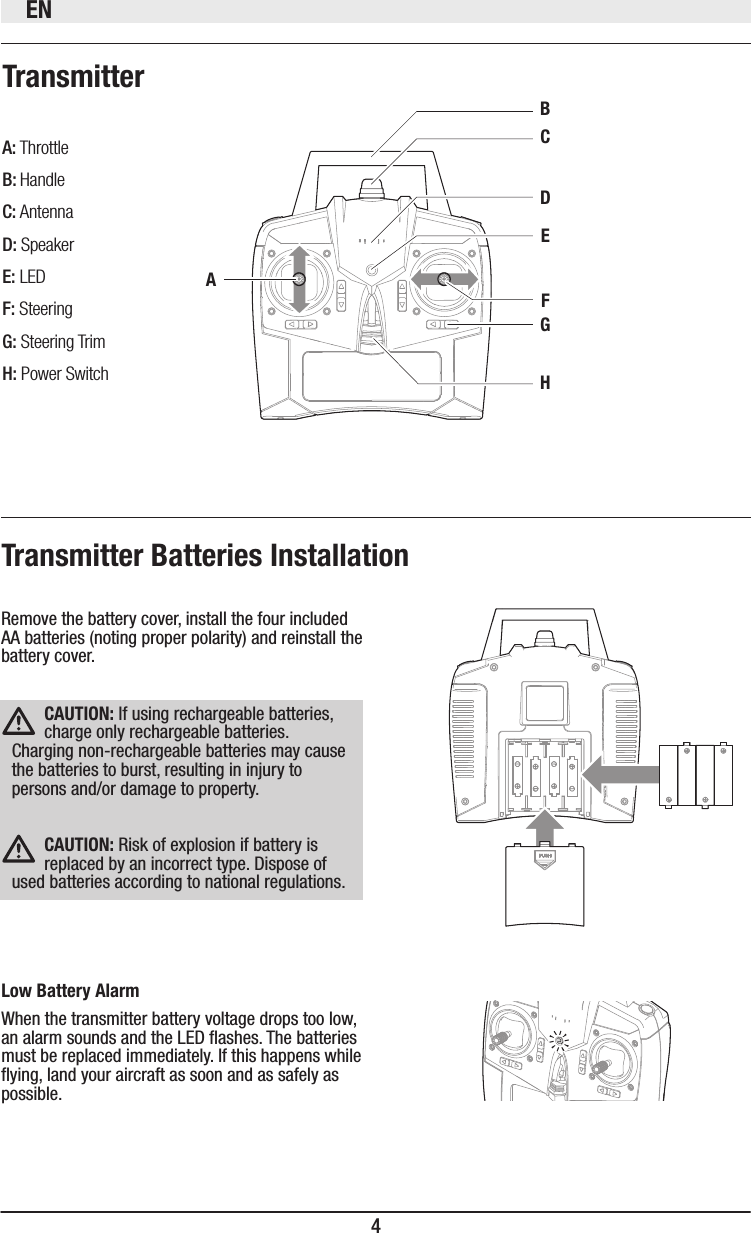 EN4Remove the battery cover, install the four included AA batteries (noting proper polarity) and reinstall the battery cover. When the transmitter battery voltage drops too low, an alarm sounds and the LED ashes. The batteries must be replaced immediately. If this happens while ying, land your aircraft as soon and as safely as possible. AHGFDA: ThrottleB: HandleC: AntennaD: SpeakerE: LEDF: SteeringG: Steering TrimH: Power SwitchIf using rechargeable batteries, charge only rechargeable batteries. Charging non-rechargeable batteries may cause the batteries to burst, resulting in injury to persons and/or damage to property. Risk of explosion if battery is replaced by an incorrect type. Dispose of used batteries according to national regulations.