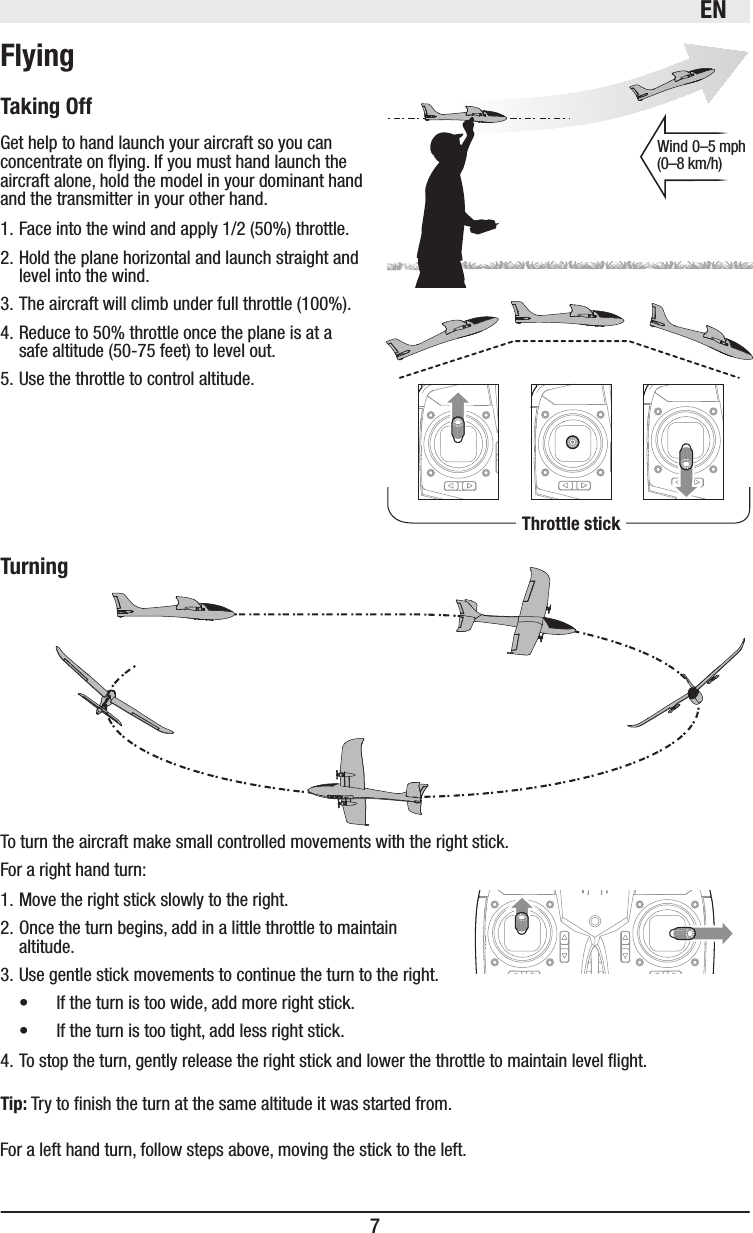 EN7Get help to hand launch your aircraft so you can concentrate on ying. If you must hand launch the aircraft alone, hold the model in your dominant hand and the transmitter in your other hand.1. Face into the wind and apply 1/2 (50%) throttle.2. Hold the plane horizontal and launch straight and level into the wind.3. The aircraft will climb under full throttle (100%).4. Reduce to 50% throttle once the plane is at a safe altitude (50-75 feet) to level out.5. Use the throttle to control altitude.To turn the aircraft make small controlled movements with the right stick.For a right hand turn:1. Move the right stick slowly to the right.2. Once the turn begins, add in a little throttle to maintain altitude.3. Use gentle stick movements to continue the turn to the right.• If the turn is too wide, add more right stick.• If the turn is too tight, add less right stick.4. To stop the turn, gently release the right stick and lower the throttle to maintain level ight. Try to nish the turn at the same altitude it was started from.Wind 0–5 mph (0–8 km/h)For a left hand turn, follow steps above, moving the stick to the left.