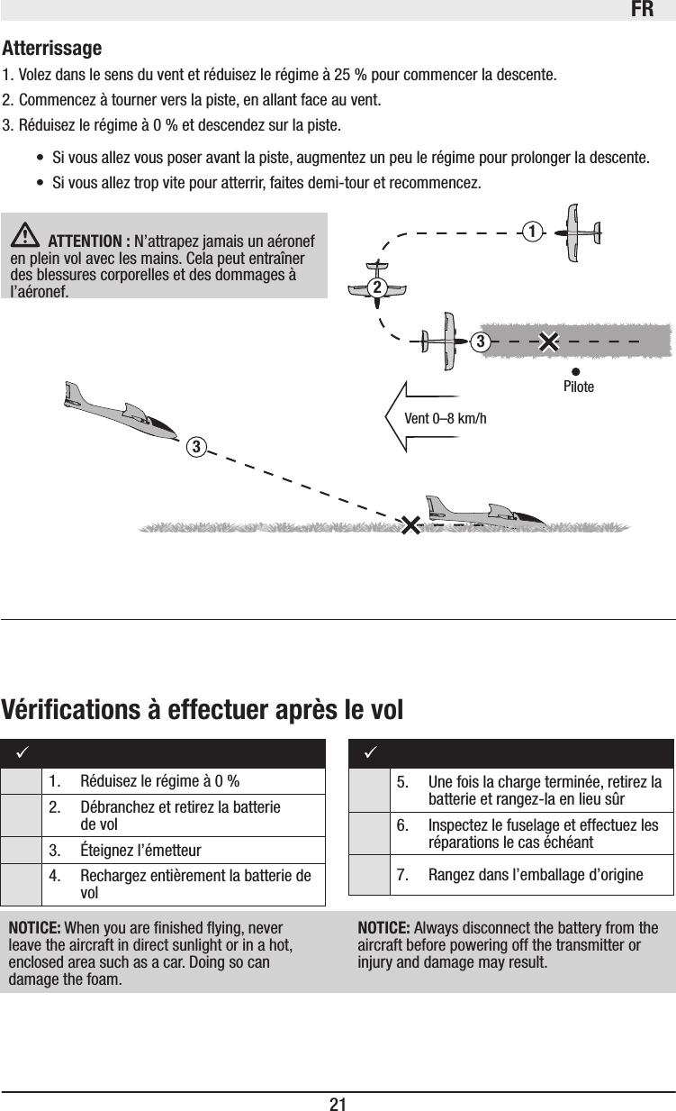 FR21Atterrissage1. Volez dans le sens du vent et réduisez le régime à 25% pour commencer la descente.2. Commencez à tourner vers la piste, en allant face au vent.3. Réduisez le régime à 0% et descendez sur la piste.• Si vous allez vous poser avant la piste, augmentez un peu le régime pour prolonger la descente.• Si vous allez trop vite pour atterrir, faites demi-tour et recommencez.ATTENTION: N’attrapez jamais un aéronef en plein vol avec les mains. Cela peut entraîner des blessures corporelles et des dommages à l’aéronef.1233Vent 0–8 km/hPilote1.  Réduisez le régime à 0%2.  Débranchez et retirez la batterie  de vol3.   Éteignez l’émetteur4.  Rechargez entièrement la batterie de vol5.   Une fois la charge terminée, retirez la batterie et rangez-la en lieu sûr6.  Inspectez le fuselage et effectuez les réparations le cas échéant7.  Rangez dans l’emballage d’origineNOTICE: When you are nished ying, never leave the aircraft in direct sunlight or in a hot, enclosed area such as a car. Doing so can damage the foam.NOTICE: Always disconnect the battery from the aircraft before powering off the transmitter or injury and damage may result.Vériﬁcations à effectuer après le vol
