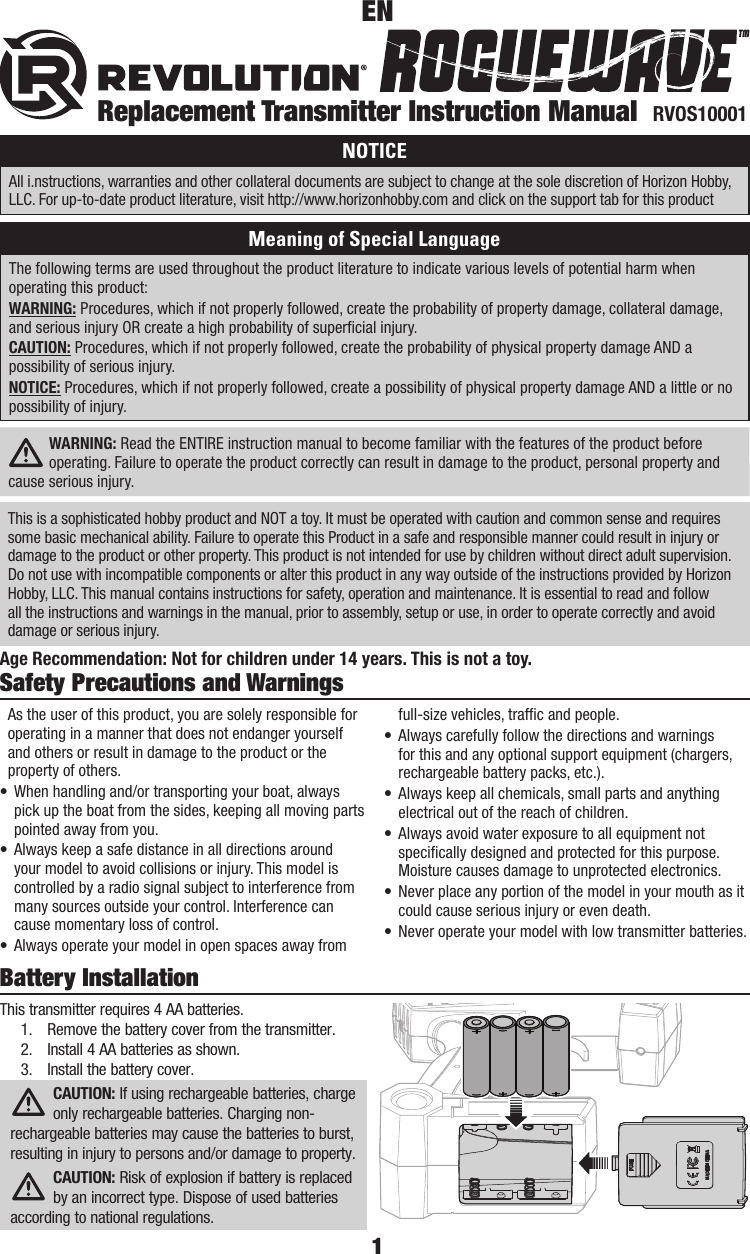 Page 1 of Horizon Hobby RVOS010001 Roguewave User Manual 