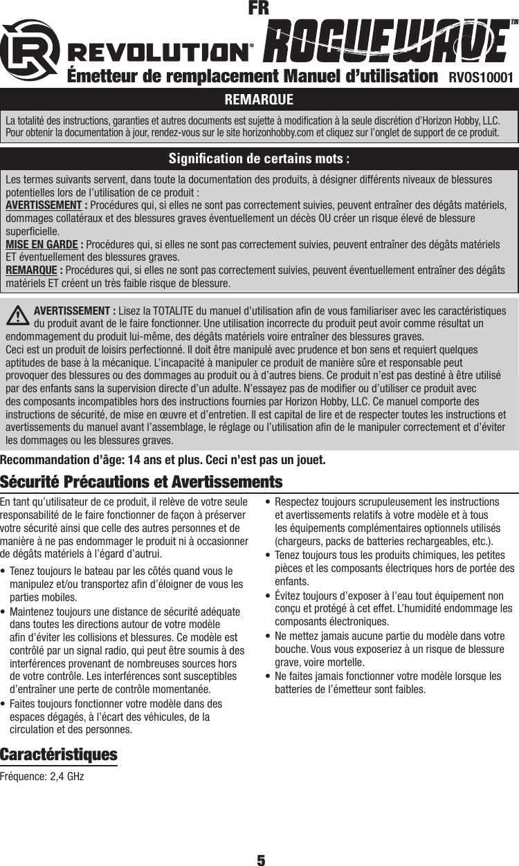 Page 5 of Horizon Hobby RVOS010001 Roguewave User Manual 