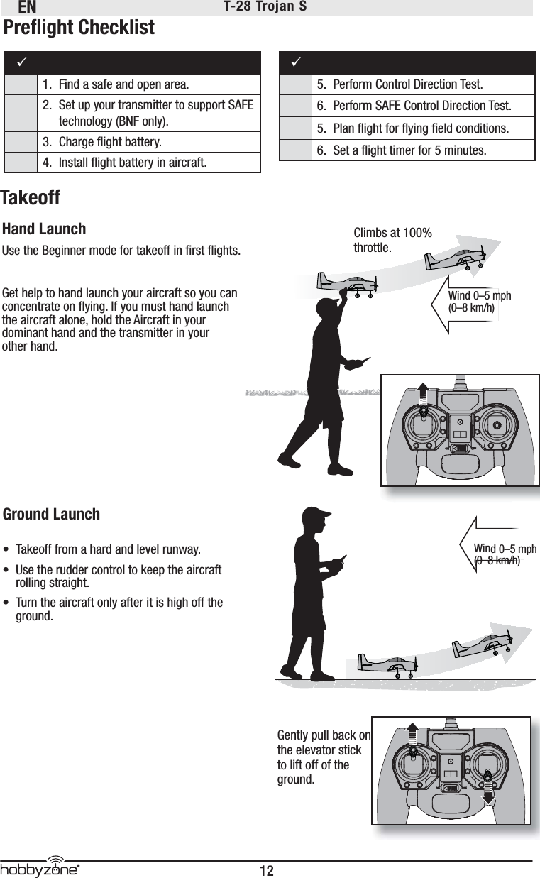 EN12®T-28 Trojan S TakeoffHand LaunchUse the Beginner mode for takeoff in ﬁ rst ﬂ ights. Get help to hand launch your aircraft so you can concentrate on ﬂ ying. If you must hand launch the aircraft alone, hold the Aircraft in your dominant hand and the transmitter in your other hand.Wind 0–5 mph (0–8 km/h)Climbs at 100% throttle.Wind 0–5 mph (0–8 km/h)Gently pull back on the elevator stick to lift off of the ground.n91.  Find a safe and open area.2.  Set up your transmitter to support SAFE technology (BNF only).3.  Charge ﬂ ight battery.4.  Install ﬂ ight battery in aircraft. 95.  Perform Control Direction Test.6.  Perform SAFE Control Direction Test.5.  Plan ﬂ ight for ﬂ ying ﬁ eld conditions.6.  Set a ﬂ ight timer for 5 minutes.Preﬂ ight ChecklistGround Launch•  Takeoff from a hard and level runway.•  Use the rudder control to keep the aircraft rolling straight.•  Turn the aircraft only after it is high off the ground.
