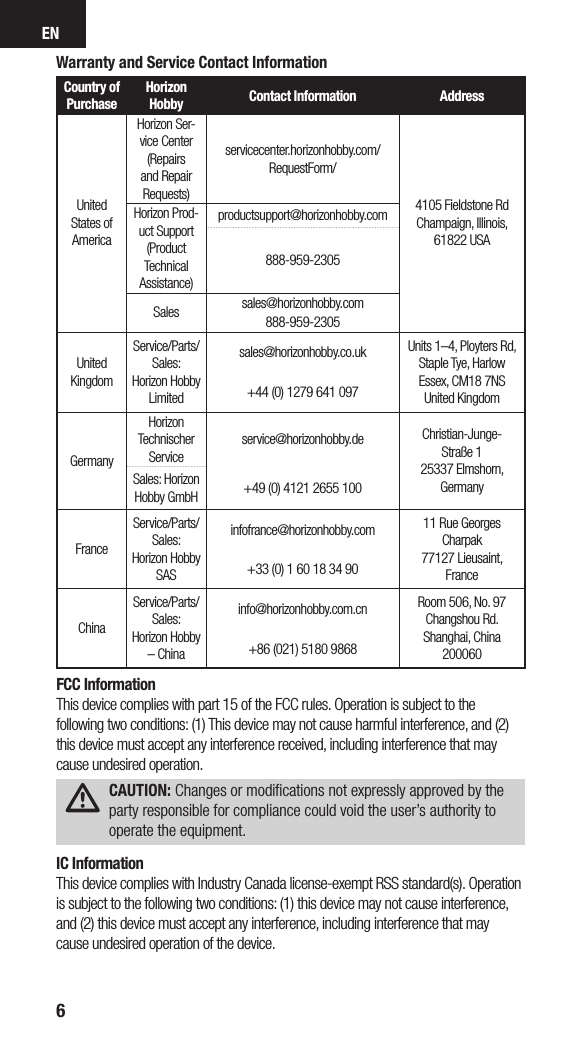 EN6ENWarranty and Service Contact InformationCountry of PurchaseHorizon Hobby Contact Information AddressUnited States of AmericaHorizon Ser-vice Center(Repairs and Repair Requests) servicecenter.horizonhobby.com/RequestForm/4105 Fieldstone Rd  Champaign, Illinois, 61822 USAHorizon Prod-uct Support(Product Technical Assistance)productsupport@horizonhobby.com888-959-2305Sales sales@horizonhobby.com888-959-2305United KingdomService/Parts/Sales:Horizon Hobby Limitedsales@horizonhobby.co.uk Units 1–4, Ployters Rd, Staple Tye, HarlowEssex, CM18 7NSUnited Kingdom+44 (0) 1279 641 097GermanyHorizon Technischer Serviceservice@horizonhobby.de Christian-Junge-Straße 1 25337 Elmshorn, GermanySales: Horizon Hobby GmbH +49 (0) 4121 2655 100FranceService/Parts/Sales: Horizon Hobby SASinfofrance@horizonhobby.com 11 Rue Georges Charpak77127 Lieusaint, France+33 (0) 1 60 18 34 90ChinaService/Parts/Sales:  Horizon Hobby – Chinainfo@horizonhobby.com.cn Room 506, No. 97 Changshou Rd.Shanghai, China 200060+86 (021) 5180 9868FCC InformationThis device complies with part 15 of the FCC rules. Operation is subject to the following two conditions: (1) This device may not cause harmful interference, and (2) this device must accept any interference received, including interference that may cause undesired operation. CAUTION: Changes or modiﬁcations not expressly approved by the  party responsible for compliance could void the user’s authority to operate the equipment.IC InformationThis device complies with Industry Canada license-exempt RSS standard(s). Operation is subject to the following two conditions: (1) this device may not cause interference, and (2) this device must accept any interference, including interference that may cause undesired operation of the device.