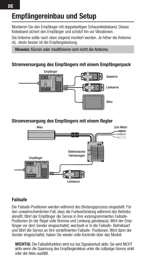 DEEmpfängereinbau und Setup Montieren Sie den Empfänger mit doppelseitigen Schaumklebeband. Dieses Klebeband sichert den Empfänger und schützt ihn vor Vibrationen. Die Antenne sollte nach oben zeigend montiert werden. Je höher die Antenne ist,  desto besser ist die Empfangsleistung.  Hinweis: Kürzen oder modifizieren sich nicht die Antenne.Stromversorgung des Empfängers mit einem ReglerElektronischerFahrtenreglerLenkservoEmpfängerAkku Zum MotorEmpfänger LenkservoGasservo AkkuStromversorgung des Empfängers mit einem EmpfängerpackFailsafeDie Failsafe-Positionen werden während des Bindungsprozess eingestellt. Für den unwahrscheinlichen Fall, dass die Funkverbindung während des Betriebs abreißt, fährt der Empfänger die Servos in ihre vorprogrammierten Failsafe- Positionen (in der Regel volle Bremse und Lenkung geradeaus). Wird der Emp-fänger vor dem Sender eingeschaltet, wechselt er in die Failsafe- Betriebsart und fährt die Servos an ihre vordeﬁnierten Failsafe- Positionen. Wird dann der Sender eingeschaltet, haben Sie wieder volle Kontrolle über das Modell.WICHTIG: Die Failsafefunktion wird nur bei Signalverlust aktiv. Sie wird NICHTaktiv wenn die Spannung des Empfängerakkus unter die zulässige Grenze sinktoder der Akku ausfällt.