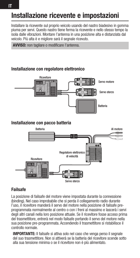 ITInstallazione ricevente e impostazioniInstallare la ricevente sul proprio veicolo usando del nastro biadesivo in gomma piuma per servi. Questo nastro tiene ferma la ricevente e nello stesso tempo la isola dalle vibrazioni. Montare l’antenna in una posizione alta e distanziata dal veicolo. Più alta è e migliore sarà il segnale ricevuto.AVVISO: non tagliare o modiﬁcare l’antenna.Installazione con pacco batteriaBatteria Al motoreRegolatore elettronicodi velocitàServo sterzoRicevitoreRicevitoreServo sterzoServo motoreBatteriaInstallazione con regolatore elettronicoFailsafeLa posizione di failsafe del motore viene impostata durante la connessione(binding). Nel caso improbabile che si perda il collegamento radio durantel’uso, il ricevitore manderà il servo del motore nella posizione di failsafe pre-programmata normalmente al centro o con i freni al massimo e lascerà i servidegli altri canali nella loro posizione attuale. Se il ricevitore fosse acceso primadel trasmettitore, entrerà nel modo failsafe portando il servo del motore nellasua posizione pre-programmata. Accendendo il trasmettitore si ristabilisce ilcontrollo normale.IMPORTANTE: Il failsafe si attiva solo nel caso che venga perso il segnale del suo trasmettitore. Non si attiverà se la batteria del ricevitore scende sotto alla sua tensione minima o se il ricevitore non è più alimentato.