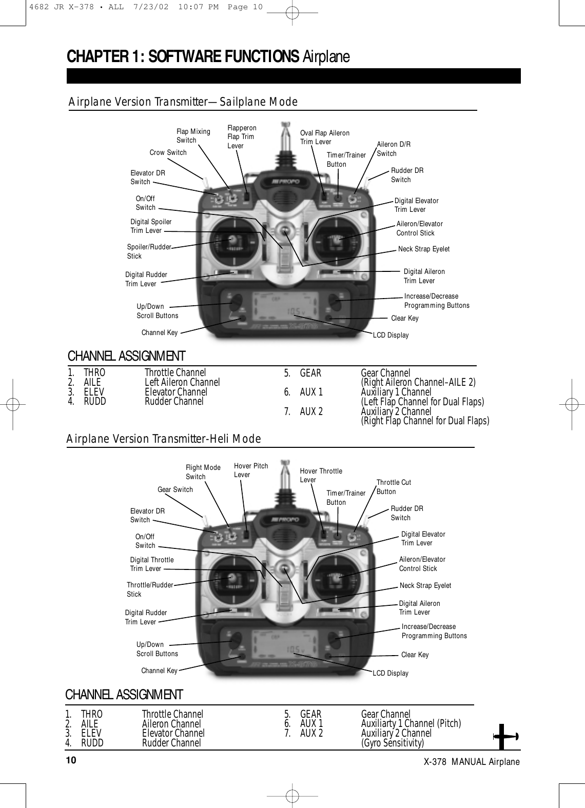 10 X-378  MANUAL AirplaneCHAPTER 1: SOFTWARE FUNCTIONS AirplaneAirplane Version Transmitter—Sailplane Mode1. THRO Throttle Channel 2. AILE Left Aileron Channel 3. ELEV Elevator Channel 4. RUDD Rudder Channel 5. GEAR Gear Channel (Right Aileron Channel–AILE 2)6. AUX 1  Auxiliary 1 Channel (Left Flap Channel for Dual Flaps) 7. AUX 2  Auxiliary 2 Channel (Right Flap Channel for Dual Flaps)CHANNEL ASSIGNMENT1. THRO Throttle Channel 2. AILE Aileron Channel 3. ELEV Elevator Channel 4. RUDD Rudder Channel 5. GEAR Gear Channel 6. AUX 1  Auxiliarty 1 Channel (Pitch)7. AUX 2  Auxiliary 2 Channel (Gyro Sensitivity)Airplane Version Transmitter-Heli ModeCHANNEL ASSIGNMENTSpoiler/RudderStickDigital RudderTrim LeverUp/DownScroll ButtonsChannel KeyOn/Off SwitchCrow SwitchFlap MixingSwitch Oval Flap AileronTrim LeverTimer/TrainerButtonAileron D/RSwitchRudder DRSwitchDigital ElevatorTrim LeverAileron/ElevatorControl StickIncrease/DecreaseProgramming ButtonsClear KeyLCD DisplayElevator DRSwitchDigital SpoilerTrim LeverFlapperonFlap TrimLeverThrottle/RudderStickDigital RudderTrim LeverDigital AileronTrim LeverUp/DownScroll ButtonsChannel KeyOn/Off SwitchGear SwitchFlight ModeSwitch Hover ThrottleLeverTimer/TrainerButtonThrottle CutButtonRudder DRSwitchDigital ElevatorTrim LeverAileron/Elevator Control StickIncrease/DecreaseProgramming ButtonsClear KeyNeck Strap EyeletLCD DisplayElevator DRSwitchDigital ThrottleTrim LeverDigital AileronTrim LeverNeck Strap EyeletHover PitchLever4682 JR X-378 • ALL  7/23/02  10:07 PM  Page 10