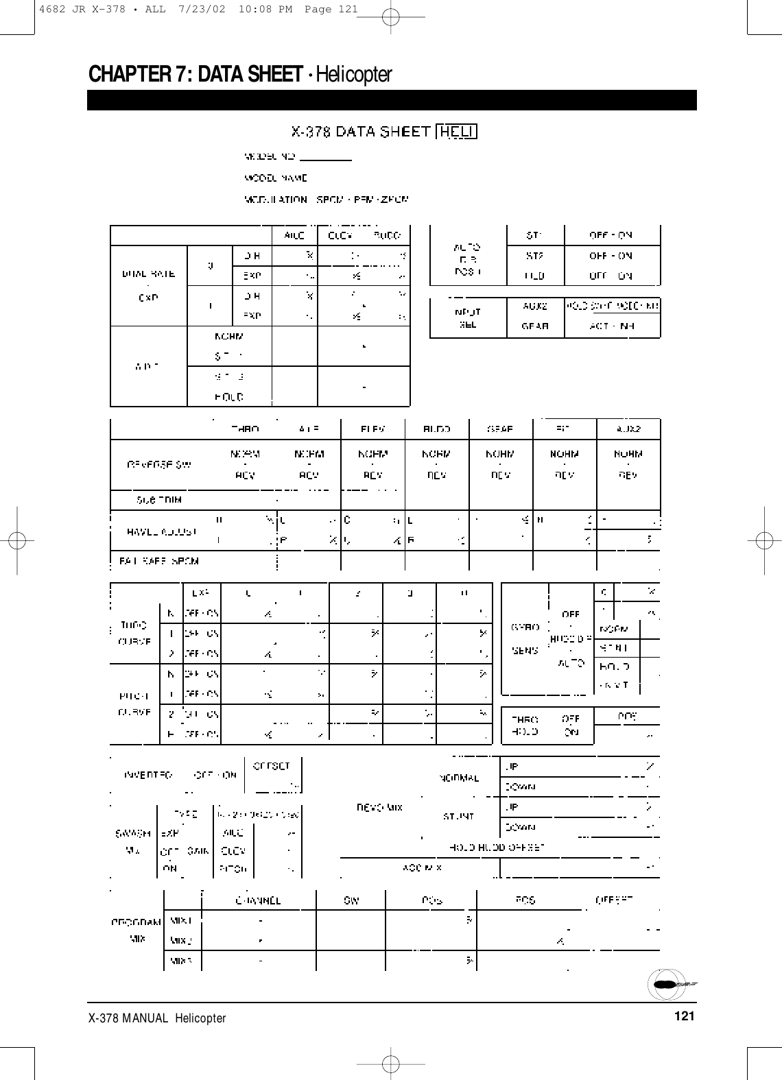 121X-378 MANUAL  HelicopterCHAPTER 7:DATA SHEET • Helicopter4682 JR X-378 • ALL  7/23/02  10:08 PM  Page 121