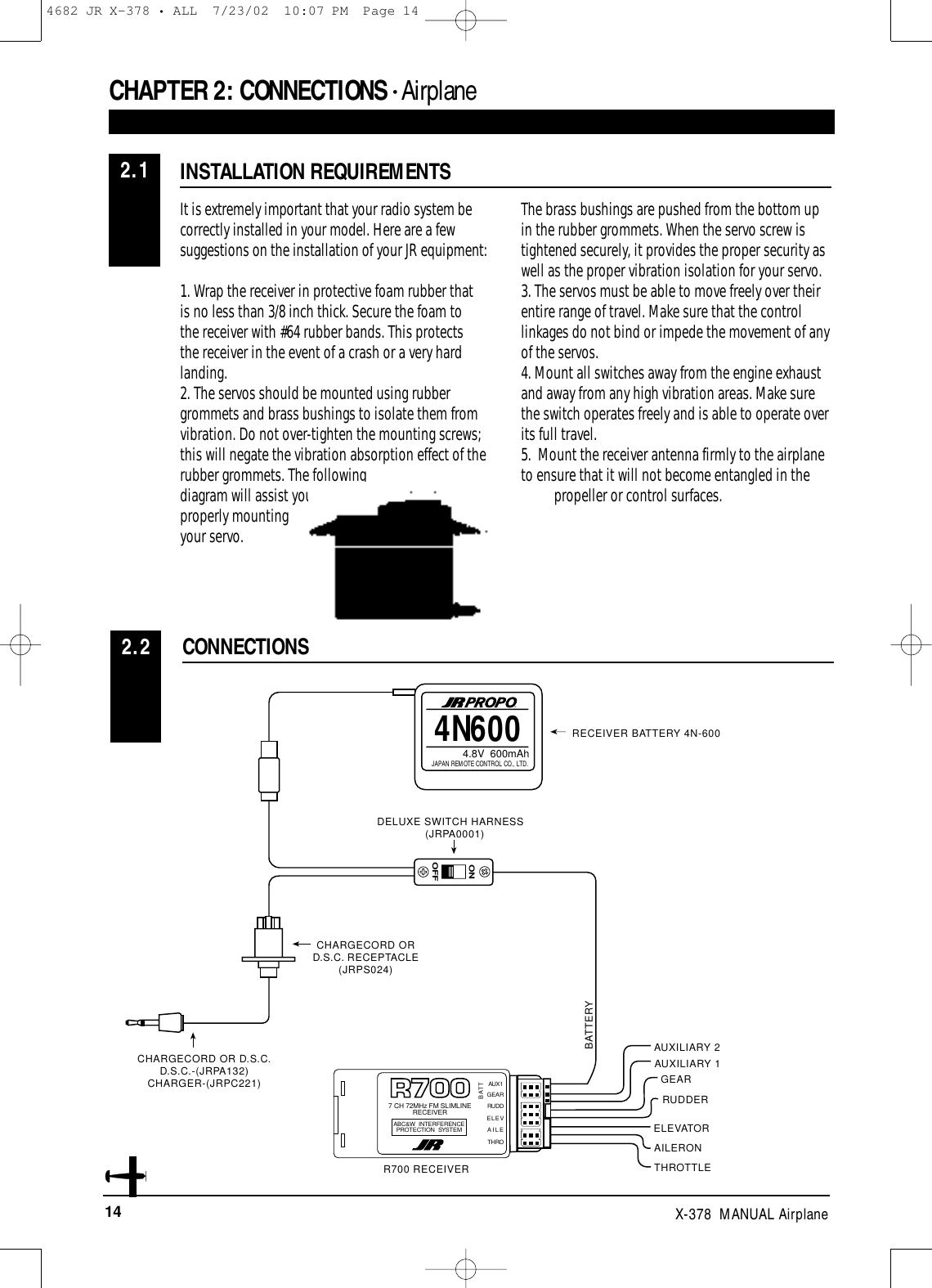 14 X-378  MANUAL AirplaneCHAPTER 2:CONNECTIONS • AirplaneIt is extremely important that your radio system becorrectly installed in your model. Here are a fewsuggestions on the installation of your JR equipment:1. Wrap the receiver in protective foam rubber that is no less than 3/8 inch thick. Secure the foam to the receiver with #64 rubber bands. This protects the receiver in the event of a crash or a very hardlanding.2. The servos should be mounted using rubbergrommets and brass bushings to isolate them fromvibration. Do not over-tighten the mounting screws;this will negate the vibration absorption effect of therubber grommets. The followingdiagram will assist you inproperly mountingyour servo.The brass bushings are pushed from the bottom upin the rubber grommets. When the servo screw istightened securely, it provides the proper security aswell as the proper vibration isolation for your servo.3. The servos must be able to move freely over theirentire range of travel. Make sure that the controllinkages do not bind or impede the movement of anyof the servos.4. Mount all switches away from the engine exhaustand away from any high vibration areas. Make surethe switch operates freely and is able to operate overits full travel.5.  Mount the receiver antenna firmly to the airplaneto ensure that it will not become entangled in thepropeller or control surfaces. INSTALLATION REQUIREMENTSCONNECTIONS2.22.14N6004.8V  600mAhJAPAN REMOTE CONTROL CO., LTD.®ONOFFGEAR7 CH 72MHz FM SLIMLINERECEIVERABC&amp;W INTERFERENCEPROTECTION SYSTEMBATTRUDDELEVAILETHROAUX1RECEIVER BATTERY 4N-600DELUXE SWITCH HARNESS (JRPA0001)CHARGECORD OR D.S.C. RECEPTACLE(JRPS024)CHARGECORD OR D.S.C.D.S.C.-(JRPA132)CHARGER-(JRPC221)R700 RECEIVERAUXILIARY 2BATTERYGEARRUDDERELEVATORAUXILIARY 1AILERONTHROTTLE4682 JR X-378 • ALL  7/23/02  10:07 PM  Page 14