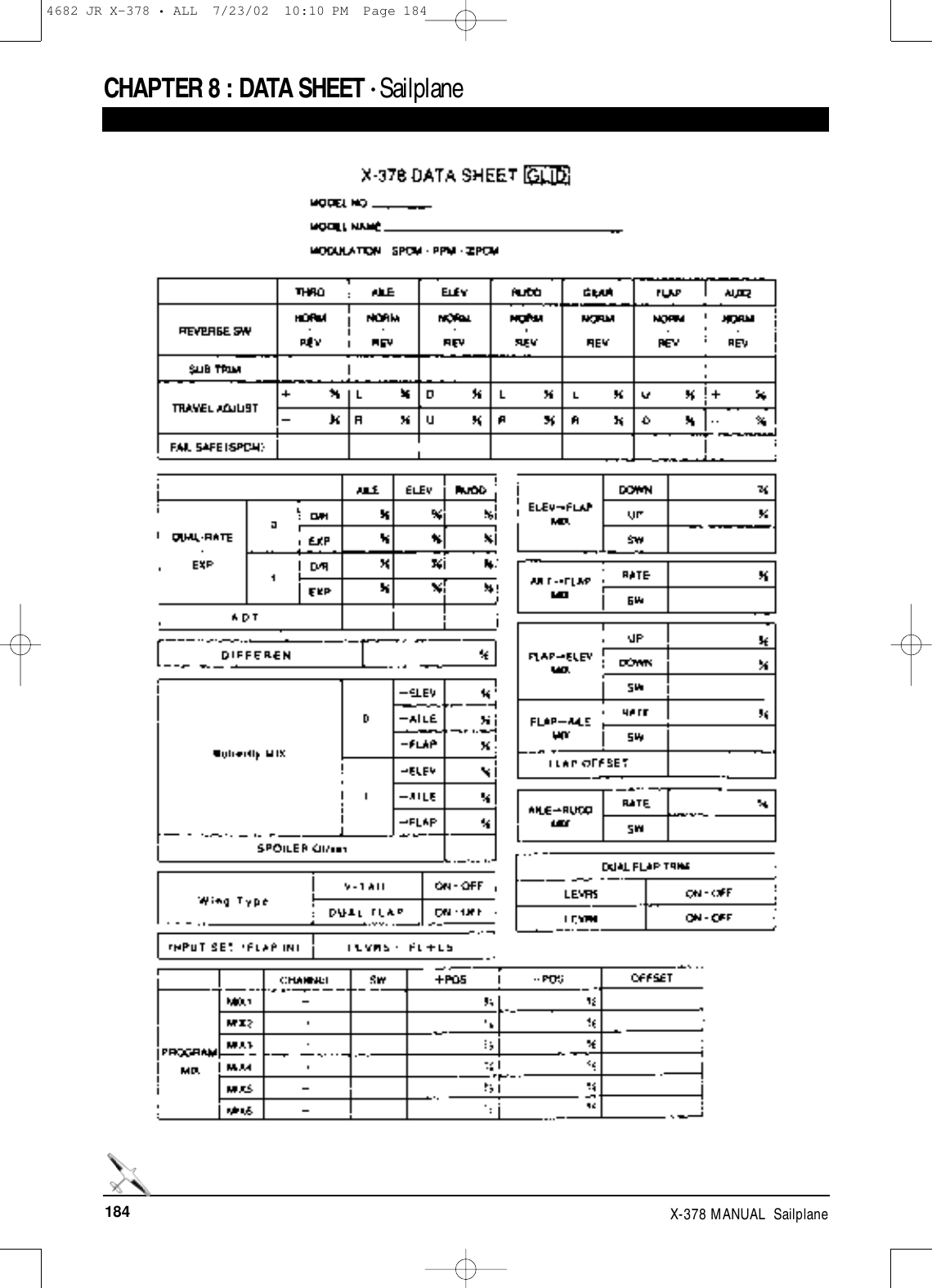 184 X-378 MANUAL  SailplaneCHAPTER 8: DATA SHEET • Sailplane4682 JR X-378 • ALL  7/23/02  10:10 PM  Page 184