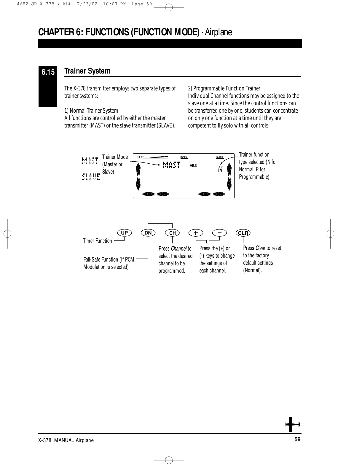 59X-378  MANUAL AirplaneCHAPTER 6:FUNCTIONS (FUNCTION MODE) • AirplaneThe X-378 transmitter employs two separate types oftrainer systems: 1) Normal Trainer System All functions are controlled by either the mastertransmitter (MAST) or the slave transmitter (SLAVE).2) Programmable Function TrainerIndividual Channel functions may be assigned to theslave one at a time. Since the control functions canbe transferred one by one, students can concentrateon only one function at a time until they arecompetent to fly solo with all controls.Trainer System6.15DNUPCHCLRPress Clear to resetto the factorydefault settings(Normal).Trainer functiontype selected (N forNormal, P forProgrammable)Trainer Mode(Master orSlave)Timer FunctionFail-Safe Function (If PCMModulation is selected)Press Channel toselect the desiredchannel to beprogrammed.Press the (+) or (-) keys to changethe settings of each channel.4682 JR X-378 • ALL  7/23/02  10:07 PM  Page 59