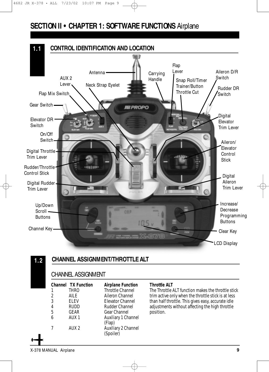 9X-378 MANUAL  AirplaneSECTION II • CHAPTER 1: SOFTWARE FUNCTIONS AirplaneCONTROL IDENTIFICATION AND LOCATION1.1CHANNEL ASSIGNMENT/THROTTLE ALT1.2Channel   TX Function Airplane Function1 THRO Throttle Channel 2 AILE Aileron Channel 3 ELEV Elevator Channel 4 RUDD Rudder Channel 5 GEAR Gear Channel 6 AUX 1  Auxiliary 1 Channel (Flap) 7 AUX 2  Auxiliary 2 Channel (Spoiler) Throttle ALTThe Throttle ALT function makes the throttle sticktrim active only when the throttle stick is at lessthan half throttle. This gives easy, accurate idleadjustments without affecting the high throttleposition.CHANNEL ASSIGNMENTRudder/ThrottleControl StickDigital RudderTrim LeverDigitalAileronTrim LeverUp/DownScrollButtonsChannel KeyOn/Off SwitchGear SwitchFlap Mix SwitchAntenna CarryingHandleFlapLeverSnap Roll/TimerTrainer/ButtonThrottle CutAileron D/RSwitchRudder DRSwitchDigitalElevatorTrim LeverAileron/ElevatorControlStickIncrease/DecreaseProgrammingButtonsClear KeyLCD DisplayNeck Strap EyeletElevator DRSwitchDigital ThrottleTrim LeverAUX 2Lever4682 JR X-378 • ALL  7/23/02  10:07 PM  Page 9