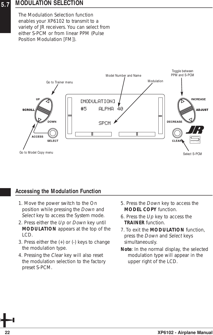 22 XP6102 - Airplane Manual5.7 MODULATION SELECTIONThe Modulation Selection functionenables your XP6102 to transmit to avariety of JR receivers. You can select fromeither S-PCM or from linear PPM (PulsePosition Modulation [FM]).Accessing the Modulation Function1. Move the power switch to the Onposition while pressing the Down andSelect key to access the System mode.2. Press either the Up or Down key untilMODULATION appears at the top of theLCD.3. Press either the (+) or (-) keys to changethe modulation type.4. Pressing the Clear key will also resetthe modulation selection to the factorypreset S-PCM.5. Press the Down key to access theMODEL COPY function.6. Press the Up key to access theTRAINER function.7. To exit the MODULATION function,press the Down and Select keyssimultaneously.Note: In the normal display, the selectedmodulation type will appear in theupper right of the LCD.[MODULATION]#5 ALPHA 40SPCMModulationModel Number and NameSelect S-PCMGo to Trainer menuGo to Model Copy menuToggle betweenPPM and S-PCM