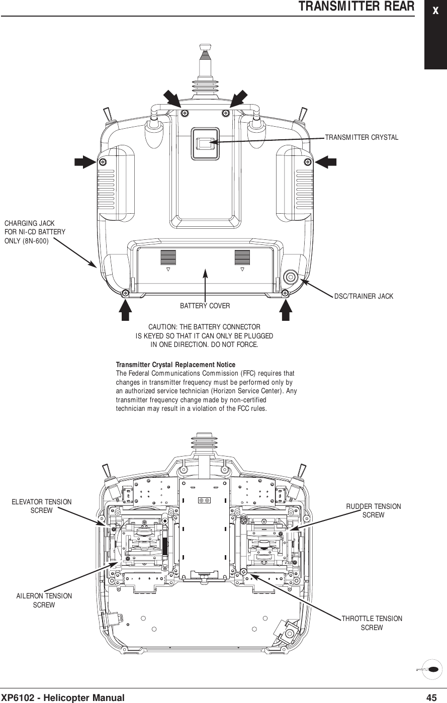 45XP6102 - Helicopter ManualTRANSMITTER REAR xTRANSMITTER CRYSTALDSC/TRAINER JACKCHARGING JACKFOR NI-CD BATTERYONLY (8N-600)BATTERY COVERCAUTION: THE BATTERY CONNECTORIS KEYED SO THAT IT CAN ONLY BE PLUGGEDIN ONE DIRECTION. DO NOT FORCE.Transmitter Crystal Replacement NoticeThe Federal Communications Commission (FFC) requires thatchanges in transmitter frequency must be performed only byan authorized service technician (Horizon Service Center). Anytransmitter frequency change made by non-certifiedtechnician may result in a violation of the FCC rules.RUDDER TENSIONSCREWTHROTTLE TENSIONSCREWELEVATOR TENSIONSCREWAILERON TENSIONSCREW