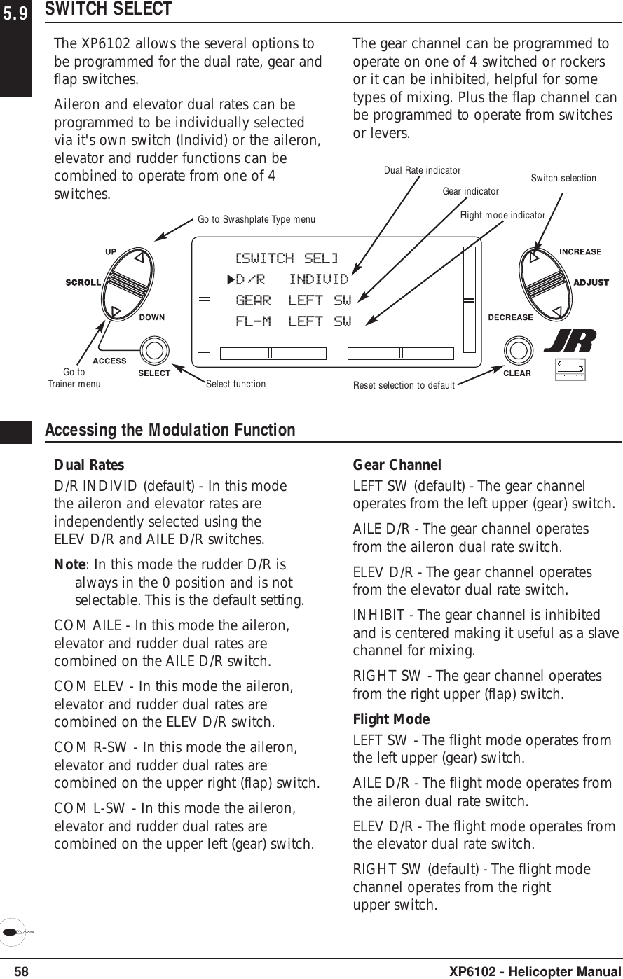 58 XP6102 - Helicopter Manual5.9 SWITCH SELECTThe XP6102 allows the several options tobe programmed for the dual rate, gear andflap switches.Aileron and elevator dual rates can beprogrammed to be individually selectedvia it&apos;s own switch (Individ) or the aileron,elevator and rudder functions can becombined to operate from one of 4switches.The gear channel can be programmed tooperate on one of 4 switched or rockersor it can be inhibited, helpful for sometypes of mixing. Plus the flap channel canbe programmed to operate from switchesor levers.[SWITCH SEL]D/R INDIVIDGEAR LEFT SWFL-M LEFT SWGear indicatorDual Rate indicatorReset selection to defaultGo to Swashplate Type menuGo toTrainer menuSwitch selectionAccessing the Modulation FunctionDual RatesD/R INDIVID (default) - In this modethe aileron and elevator rates areindependently selected using theELEV D/R and AILE D/R switches.Note: In this mode the rudder D/R isalways in the 0 position and is notselectable. This is the default setting.COM AILE - In this mode the aileron,elevator and rudder dual rates arecombined on the AILE D/R switch.COM ELEV - In this mode the aileron,elevator and rudder dual rates arecombined on the ELEV D/R switch.COM R-SW - In this mode the aileron,elevator and rudder dual rates arecombined on the upper right (flap) switch.COM L-SW - In this mode the aileron,elevator and rudder dual rates arecombined on the upper left (gear) switch.Gear ChannelLEFT SW (default) - The gear channeloperates from the left upper (gear) switch.AILE D/R - The gear channel operatesfrom the aileron dual rate switch.ELEV D/R - The gear channel operatesfrom the elevator dual rate switch.INHIBIT - The gear channel is inhibitedand is centered making it useful as a slavechannel for mixing.RIGHT SW - The gear channel operatesfrom the right upper (flap) switch.Flight ModeLEFT SW - The flight mode operates fromthe left upper (gear) switch.AILE D/R - The flight mode operates fromthe aileron dual rate switch.ELEV D/R - The flight mode operates fromthe elevator dual rate switch.RIGHT SW (default) - The flight modechannel operates from the rightupper switch.Flight mode indicatorSelect function