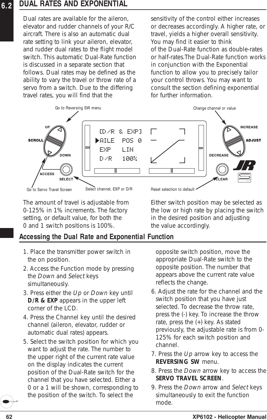 6.2 DUAL RATES AND EXPONENTIALDual rates are available for the aileron,elevator and rudder channels of your R/Caircraft. There is also an automatic dualrate setting to link your aileron, elevator,and rudder dual rates to the flight modelswitch. This automatic Dual-Rate functionis discussed in a separate section thatfollows. Dual rates may be defined as theability to vary the travel or throw rate of aservo from a switch. Due to the differingtravel rates, you will find that thesensitivity of the control either increasesor decreases accordingly. A higher rate, ortravel, yields a higher overall sensitivity.You may find it easier to think of the Dual-Rate function as double-ratesor half-rates.The Dual-Rate function worksin conjunction with the Exponentialfunction to allow you to precisely tailoryour control throws. You may want toconsult the section defining exponentialfor further information.62 XP6102 - Helicopter ManualAccessing the Dual Rate and Exponential Function1. Place the transmitter power switch inthe on position.2. Access the Function mode by pressingthe Down and Select keyssimultaneously.3. Press either the Up or Down key untilD/R &amp; EXP appears in the upper leftcorner of the LCD.4. Press the Channel key until the desiredchannel (aileron, elevator, rudder orautomatic dual rates) appears.5. Select the switch position for which youwant to adjust the rate. The number tothe upper right of the current rate valueon the display indicates the currentposition of the Dual-Rate switch for thechannel that you have selected. Either a0 or a 1 will be shown, corresponding tothe position of the switch. To select theopposite switch position, move theappropriate Dual-Rate switch to theopposite position. The number thatappears above the current rate valuereflects the change.6. Adjust the rate for the channel and theswitch position that you have justselected. To decrease the throw rate,press the (-) key. To increase the throwrate, press the (+) key. As statedpreviously, the adjustable rate is from 0-125% for each switch position andchannel.7. Press the Up arrow key to access theREVERSING SW menu.8. Press the Down arrow key to access theSERVO TRAVEL SCREEN.9. Press the Down arrow and Select keyssimultaneously to exit the functionmode.The amount of travel is adjustable from0-125% in 1% increments. The factorysetting, or default value, for both the0 and 1 switch positions is 100%.Either switch position may be selected asthe low or high rate by placing the switchin the desired position and adjustingthe value accordingly.[D/R &amp; EXP]AILE POS 0EXP LIND/R 100%Go to Reversing SW menuGo to Servo Travel Screen Select channel, EXP or D/RChange channel or valueReset selection to default