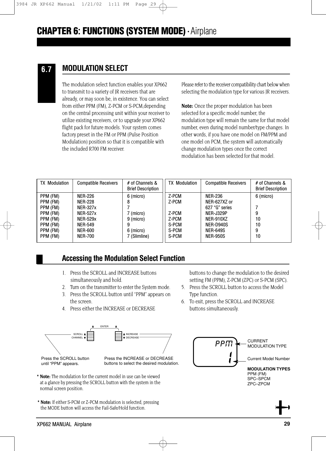 29XP662 MANUAL  Airplane1.    Press the SCROLL and INCREASE buttonssimultaneously and hold.2.    Turn on the transmitter to enter the System mode.3.    Press the SCROLL button until “PPM” appears onthe screen.4.    Press either the INCREASE or DECREASEbuttons to change the modulation to the desiredsetting FM (PPM), Z-PCM (ZPC) or S-PCM (SPC).5.    Press the SCROLL button to access the ModelType function.6.    To exit, press the SCROLL and INCREASEbuttons simultaneously.Accessing the Modulation Select FunctionPress the INCREASE or DECREASEbuttons to select the desired modulation.* Note: The modulation for the current model in use can be viewedat a glance by pressing the SCROLL button with the system in thenormal screen position.CURRENTMODULATION TYPEIPPMPress the SCROLL buttonuntil “PPM”appears. Current Model NumberMODULATION TYPESPPM (FM)SPC–SPCMZPC–ZPCMThe modulation select function enables your XP662to transmit to a variety of JR receivers that arealready, or may soon be, in existence. You can selectfrom either PPM (FM), Z-PCM or S-PCM,dependingon the central processing unit within your receiver toutilize existing receivers, or to upgrade your XP662flight pack for future models. Your system comesfactory preset in the FM or PPM (Pulse PositionModulation) position so that it is compatible withthe included R700 FM receiver.Please refer to the receiver compatibility chart below whenselecting the modulation type for various JR receivers.Note: Once the proper modulation has beenselected for a specific model number, themodulation type will remain the same for that modelnumber, even during model number/type changes. Inother words, if you have one model on FM/PPM andone model on PCM, the system will automaticallychange modulation types once the correctmodulation has been selected for that model.MODULATION SELECT6.7TX  Modulation Compatible Receivers   # of Channels &amp; Brief DescriptionPPM (FM) NER-226 6 (micro)PPM (FM) NER-228 8PPM (FM)  NER-327x 7PPM (FM) NER-527x 7 (micro)PPM (FM) NER-529x 9 (micro)PPM (FM) NER-549 9PPM (FM) NER-600 6 (micro)PPM (FM) NER-700 7 (Slimline)TX  Modulation Compatible Receivers   # of Channels &amp; Brief DescriptionZ-PCM NER-236 6 (micro)Z-PCM NER-627XZ or627 “G” series7Z-PCM NER-J329P 9Z-PCM NER-910XZ 10S-PCM NER-D940S 10S-PCM NER-649S 9S-PCM NER-950S 10* Note: If either S-PCM or Z-PCM modulation is selected, pressingthe MODE button will access the Fail-Safe/Hold function.CHANNELSCROLL INCREASEDECREASEENTERCHAPTER 6:FUNCTIONS (SYSTEM MODE) • Airplane3984 JR XP662 Manual  1/21/02  1:11 PM  Page 29