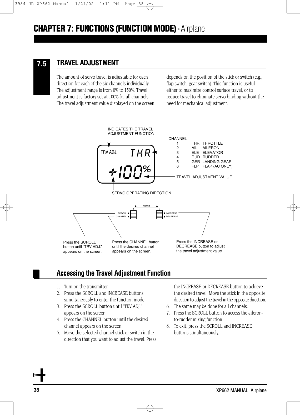 38 XP662 MANUAL  AirplaneCHAPTER 7:FUNCTIONS (FUNCTION MODE) • AirplaneThe amount of servo travel is adjustable for eachdirection for each of the six channels individually.The adjustment range is from 0% to 150%. Traveladjustment is factory set at 100% for all channels.The travel adjustment value displayed on the screendepends on the position of the stick or switch (e.g.,flap switch, gear switch). This function is usefuleither to maximize control surface travel, or toreduce travel to eliminate servo binding without theneed for mechanical adjustment.1. Turn on the transmitter.2. Press the SCROLL and INCREASE buttons simultaneously to enter the function mode.3. Press the SCROLL button until “TRV ADJ.”appears on the screen.4. Press the CHANNEL button until the desiredchannel appears on the screen.5. Move the selected channel stick or switch in thedirection that you want to adjust the travel. Pressthe INCREASE or DECREASE button to achieve the desired travel. Move the stick in the oppositedirection to adjust the travel in the opposite direction.6. The same may be done for all channels.7. Press the SCROLL button to access the aileron- to-rudder mixing function.8. To exit, press the SCROLL and INCREASE buttons simultaneously.TRV ADJ. THR+I00%THR : THROTTLEAIL : AILERONELE : ELEVATORRUD: RUDDERGER: LANDING GEARFLP : FLAP (AC ONLY)CHANNEL123456INDICATES THE TRAVELADJUSTMENT FUNCTIONTRAVEL ADJUSTMENT VALUESERVO OPERATING DIRECTIONAccessing the Travel Adjustment FunctionTRAVEL ADJUSTMENT7.5CHANNELSCROLL INCREASEDECREASEENTERPress the SCROLLbutton until “TRV ADJ.”appears on the screen.Press the CHANNEL buttonuntil the desired channelappears on the screen.Press the INCREASE or DECREASE button to adjustthe travel adjustment value.3984 JR XP662 Manual  1/21/02  1:11 PM  Page 38