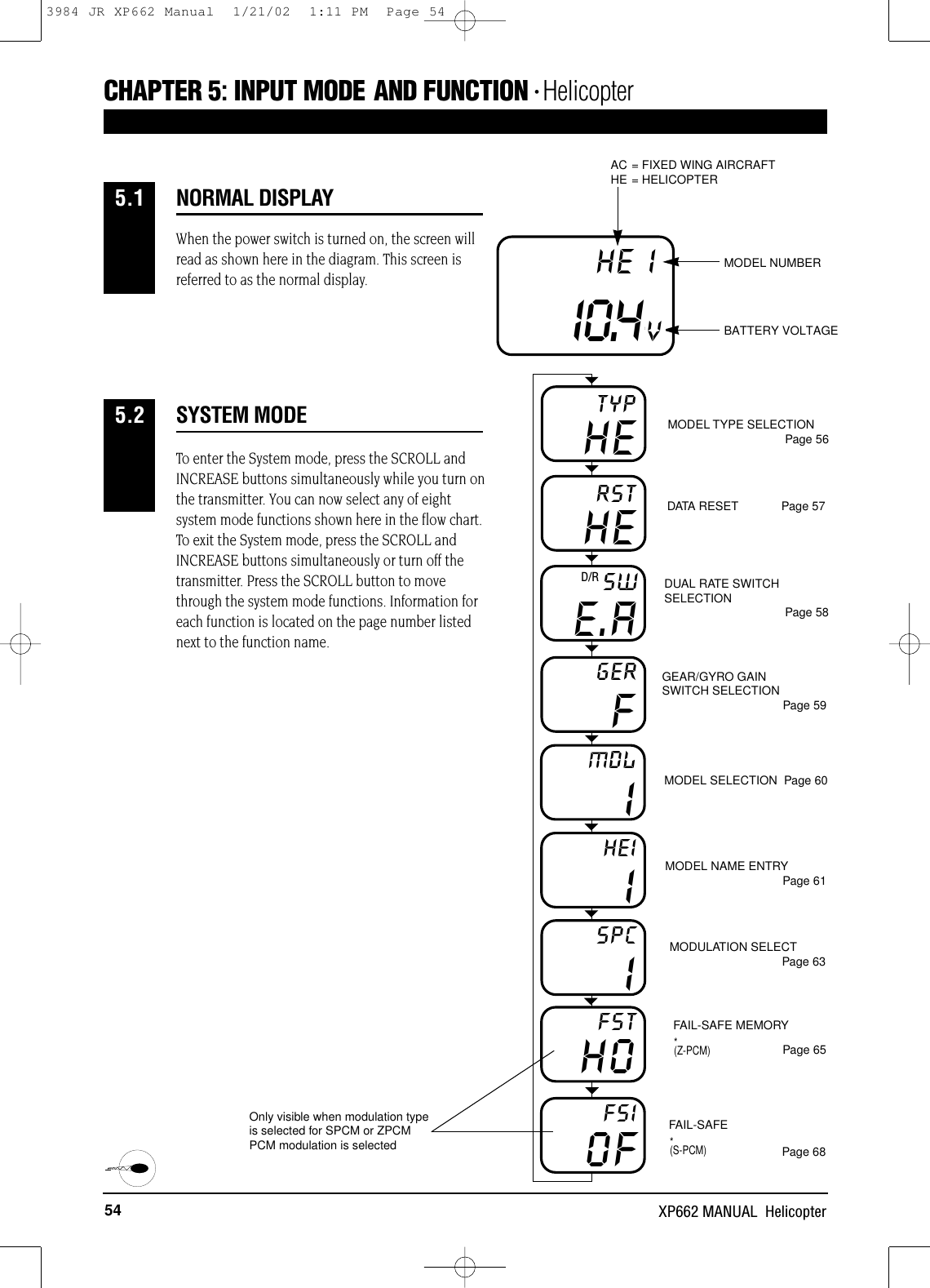 54 XP662 MANUAL  HelicopterSYSTEM MODECHAPTER 5:INPUT MODE AND FUNCTION • Helicopter5.2NORMAL DISPLAY5.1When the power switch is turned on, the screen willread as shown here in the diagram. This screen isreferred to as the normal display.To enter the System mode, press the SCROLL andINCREASE buttons simultaneously while you turn onthe transmitter. You can now select any of eightsystem mode functions shown here in the flow chart.To exit the System mode, press the SCROLL andINCREASE buttons simultaneously or turn off thetransmitter. Press the SCROLL button to movethrough the system mode functions. Information foreach function is located on the page number listednext to the function name.I0.4VHE I MODEL NUMBERAC = FIXED WING AIRCRAFTHE = HELICOPTERBATTERY VOLTAGEIMDLIHEIISPCHOFSTHETYPHERSTE.ASWD/RFGEROFFSIMODEL TYPE SELECTIONPage 56DATA RESET             Page 57DUAL RATE SWITCHSELECTION Page 58GEAR/GYRO GAIN SWITCH SELECTION Page 59MODEL SELECTION  Page 60MODEL NAME ENTRYPage 61MODULATION SELECTPage 63Page 65* (S-PCM)* (Z-PCM)FAIL-SAFEFAIL-SAFE MEMORYVPage 68Only visible when modulation typeis selected for SPCM or ZPCMPCM modulation is selected3984 JR XP662 Manual  1/21/02  1:11 PM  Page 54