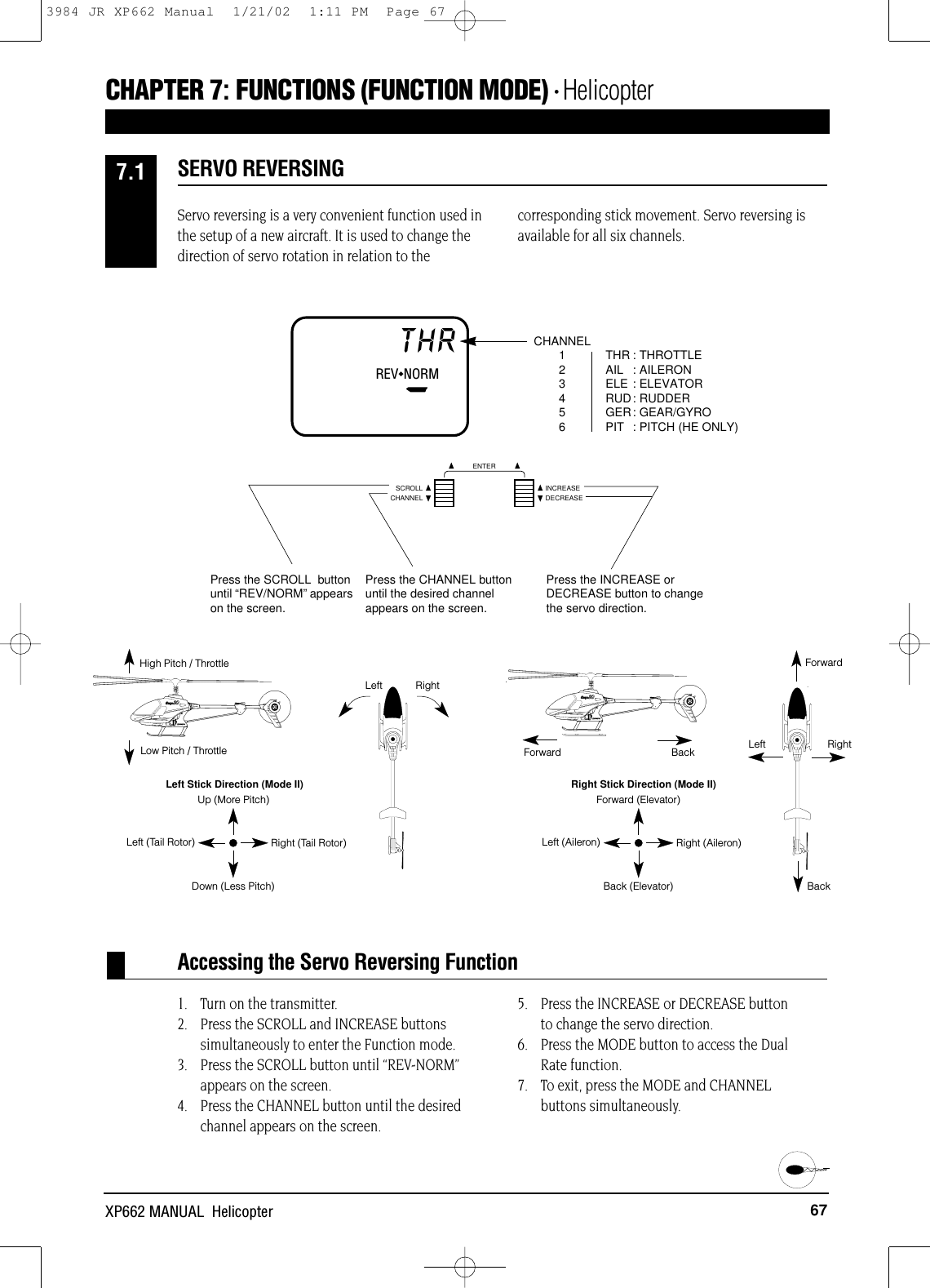 67XP662 MANUAL  HelicopterAccessing the Servo Reversing FunctionTHR : THROTTLEAIL : AILERONELE : ELEVATORRUD: RUDDERGER: GEAR/GYROPIT : PITCH (HE ONLY)CHANNEL123456REV◆NORMTHR–+MODEENTERCHANNEL INCREASECLEARDECREASEPress the INCREASE or DECREASEbutton to change the servo direction.Press the MODEbutton untilREV◆NORMappears on thescreen.Press theCHANNEL buttonuntil the desiredchannel appearson the screen.Left RightHigh Pitch / ThrottleLow Pitch / Throttle Left RightBackForwardForwardBackLeft Stick Direction (Mode II)Left (Tail Rotor)Up (More Pitch)Down (Less Pitch)Right (Tail Rotor)Right Stick Direction (Mode II)Left (Aileron)Forward (Elevator)Back (Elevator)Right (Aileron)Servo reversing is a very convenient function used inthe setup of a new aircraft. It is used to change thedirection of servo rotation in relation to thecorresponding stick movement. Servo reversing isavailable for all six channels.1. Turn on the transmitter.2. Press the SCROLL and INCREASE buttons simultaneously to enter the Function mode.3. Press the SCROLL button until “REV-NORM”appears on the screen.4. Press the CHANNEL button until the desiredchannel appears on the screen.5. Press the INCREASE or DECREASE button to change the servo direction.6. Press the MODE button to access the Dual Rate function.7. To exit, press the MODE and CHANNEL buttons simultaneously.SERVO REVERSING7.1CHAPTER 7:FUNCTIONS (FUNCTION MODE) • HelicopterCHANNELSCROLL INCREASEDECREASEENTERPress the INCREASE orDECREASE button to changethe servo direction.Press the CHANNEL buttonuntil the desired channelappears on the screen.Press the SCROLL buttonuntil “REV/NORM”appearson the screen.3984 JR XP662 Manual  1/21/02  1:11 PM  Page 67